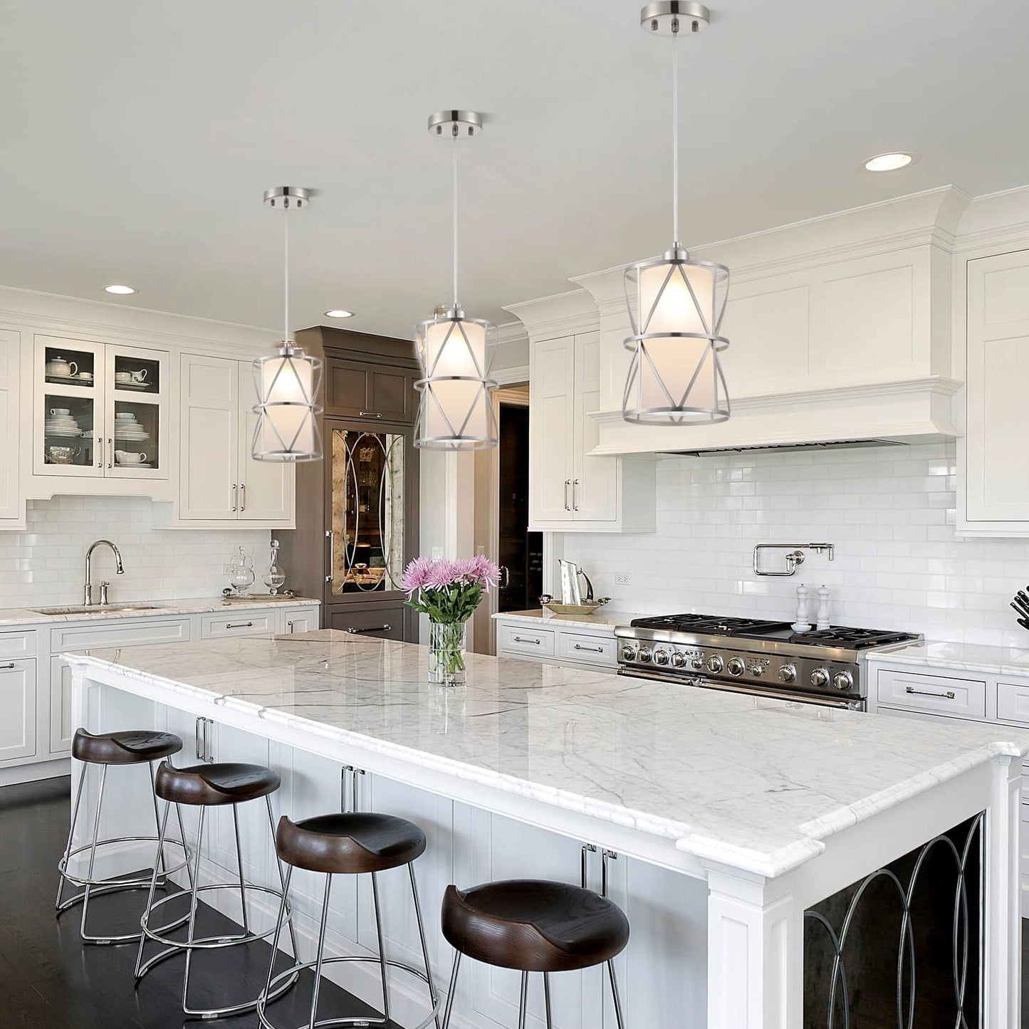 Zlierop Modern Cylindrical Pendant Light, Frosted Glass Brushed Nickel, Hanging Kitchen Island Lighting for Dining, Foyer & Entryway