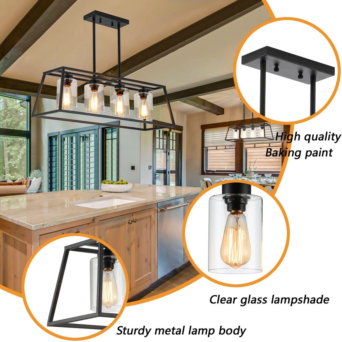 Black Farmhouse Linear Chandelier for Dining Room, Rustic Kitchen Island Pendant Light, 4-Light Fixture with Glass Shades Over Table