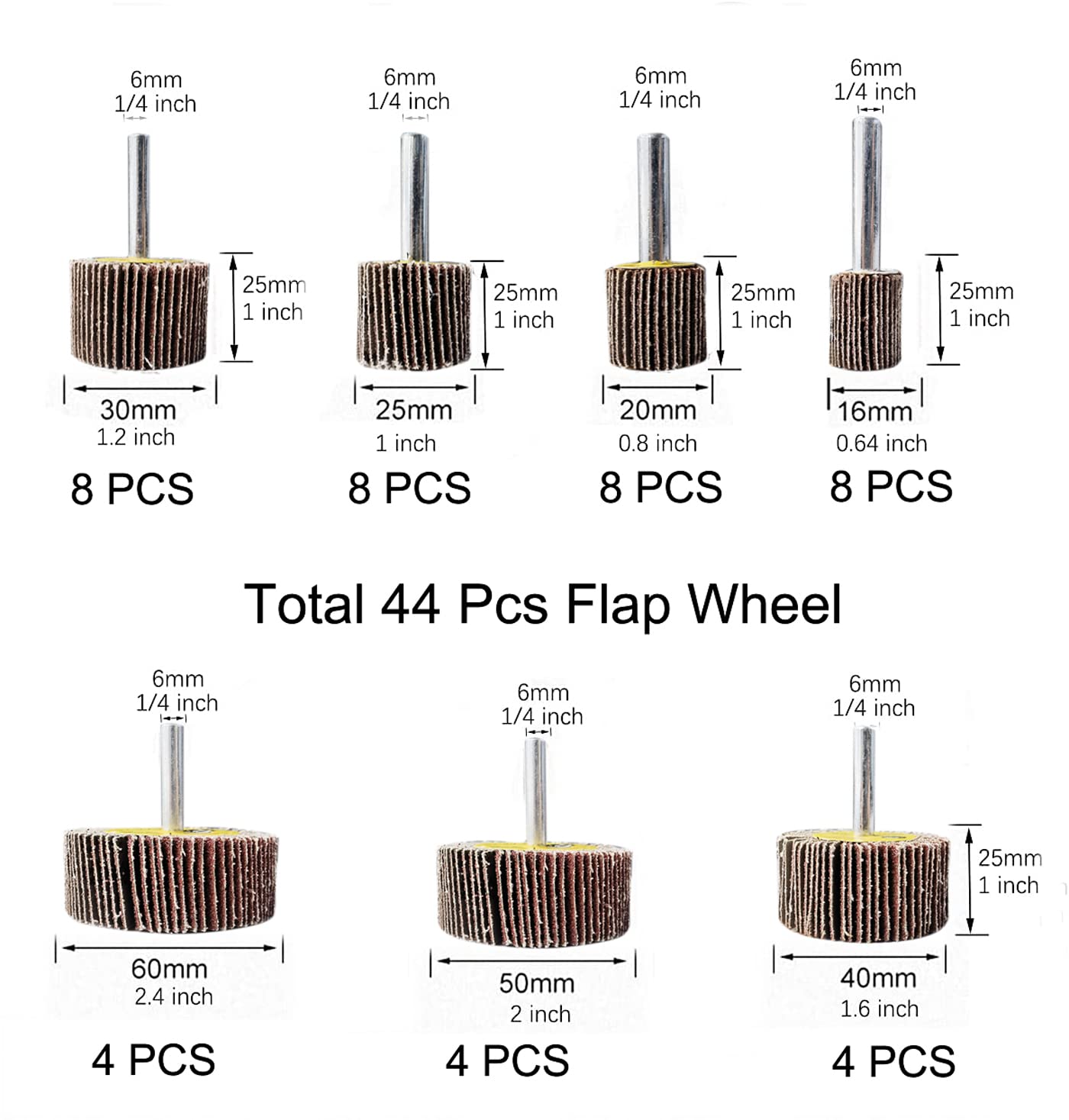 Tonmp 44 Pack 7 Size 80 Grit 1/4" Abrasive Flap Wheel Sander Set, Aluminum Oxide Flap Wheels Cylindrical Shape Sanding Wheel-1/4 Shank Fits All Drills