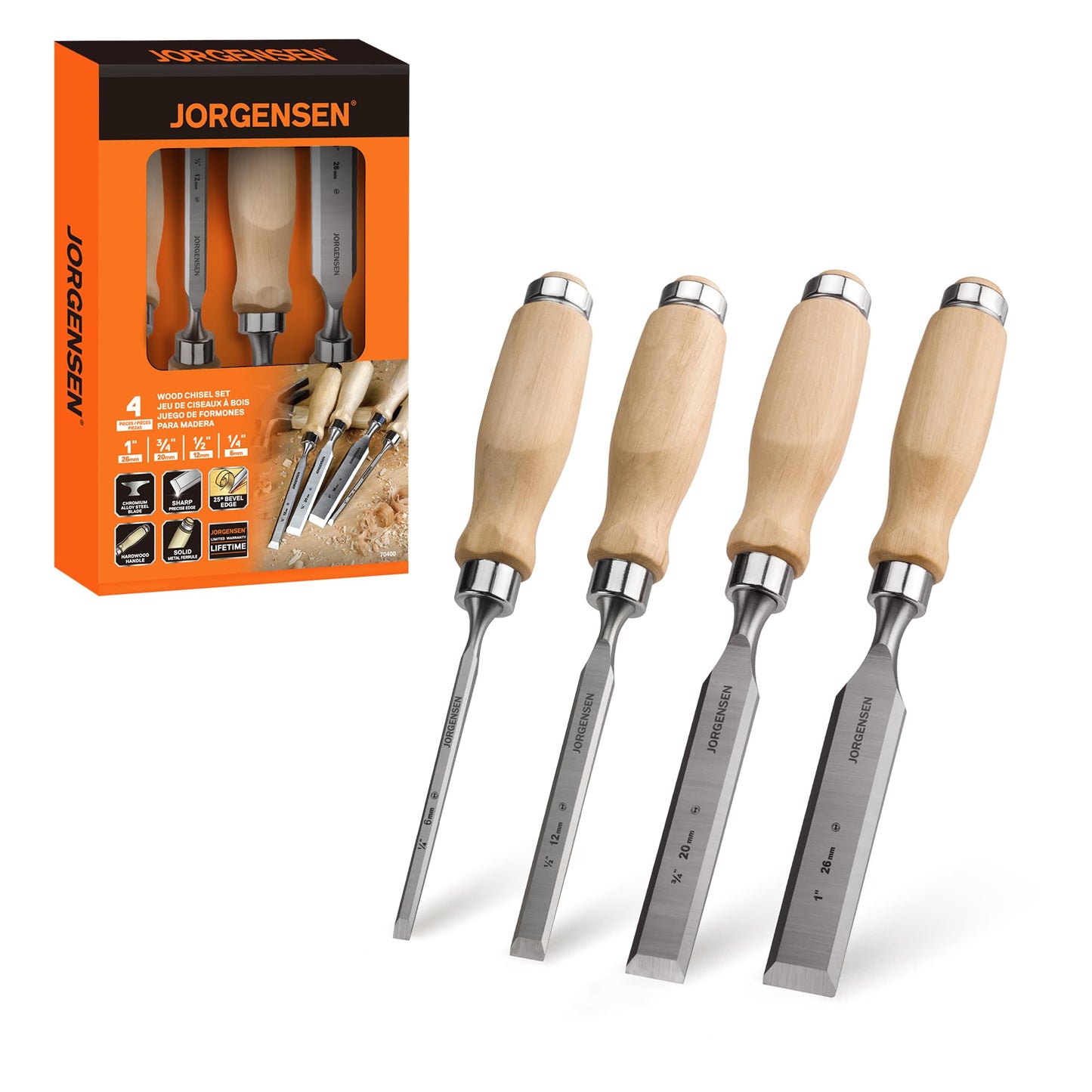 JORGENSEN 4-Piece Wood Chisel Set, Chromium Alloy Steel Beveled Edge, Ergonomic Hardwood Handles, 1/4–1 in