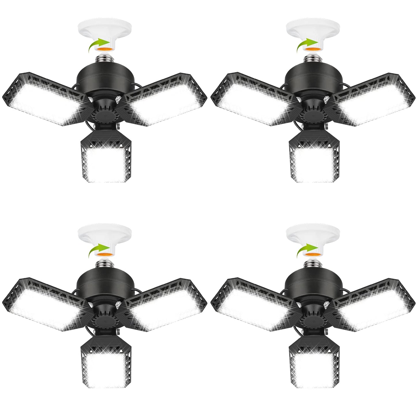 4 Pack LED Garage Lights, 60W Deformable Ceiling Light 8000LM E26 with 3 Adjustable Panels for Garage, Workshop, Warehouse & Barn