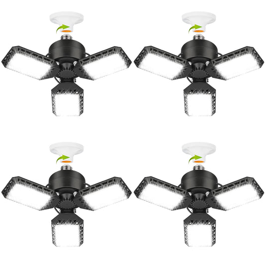 4 Pack LED Garage Lights, 60W Deformable Ceiling Light 8000LM E26 with 3 Adjustable Panels for Garage, Workshop, Warehouse & Barn