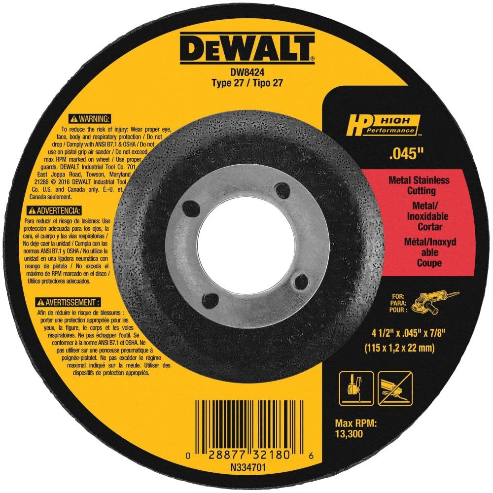 DEWALT DW8424 Thin Cutting Wheel, 4-1/2-Inch x .045-Inch x 7/8-Inch, Pack of 1