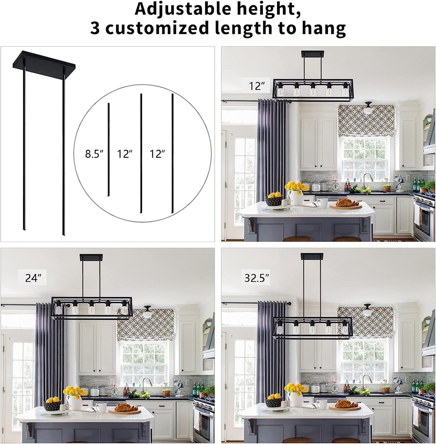 Espird Farmhouse 5-Light Dining Room Chandelier, Matte Black Rectangle Island Light, Adjustable Height Metal Fixture
