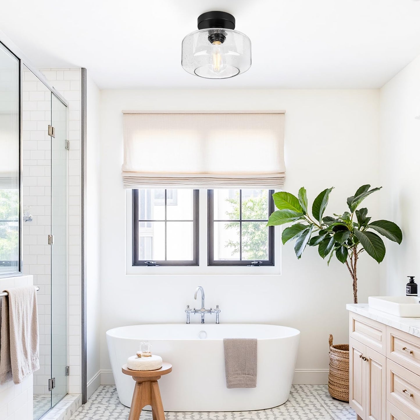 Industrial Semi-Flush Ceiling Light with Seeded Glass Shade, 800 Lumen LED Included, Farmhouse Fixture for Hallway, Kitchen & Bedroom