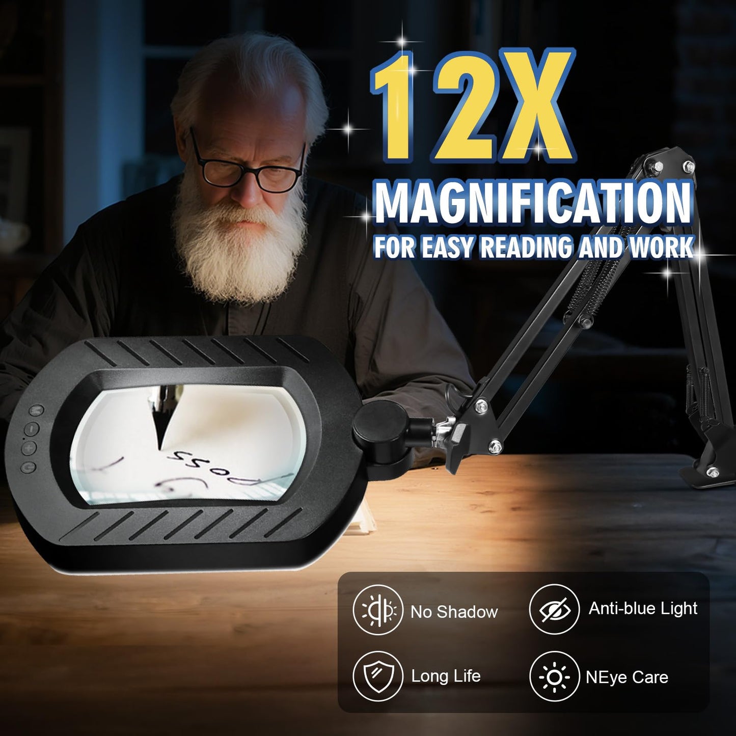 12X LED Magnifying Glass with Stand, 144 LEDs, 5 Color Modes & 10 Brightness Levels, Hands-Free Desk Lamp for Craft, Reading & Close Work