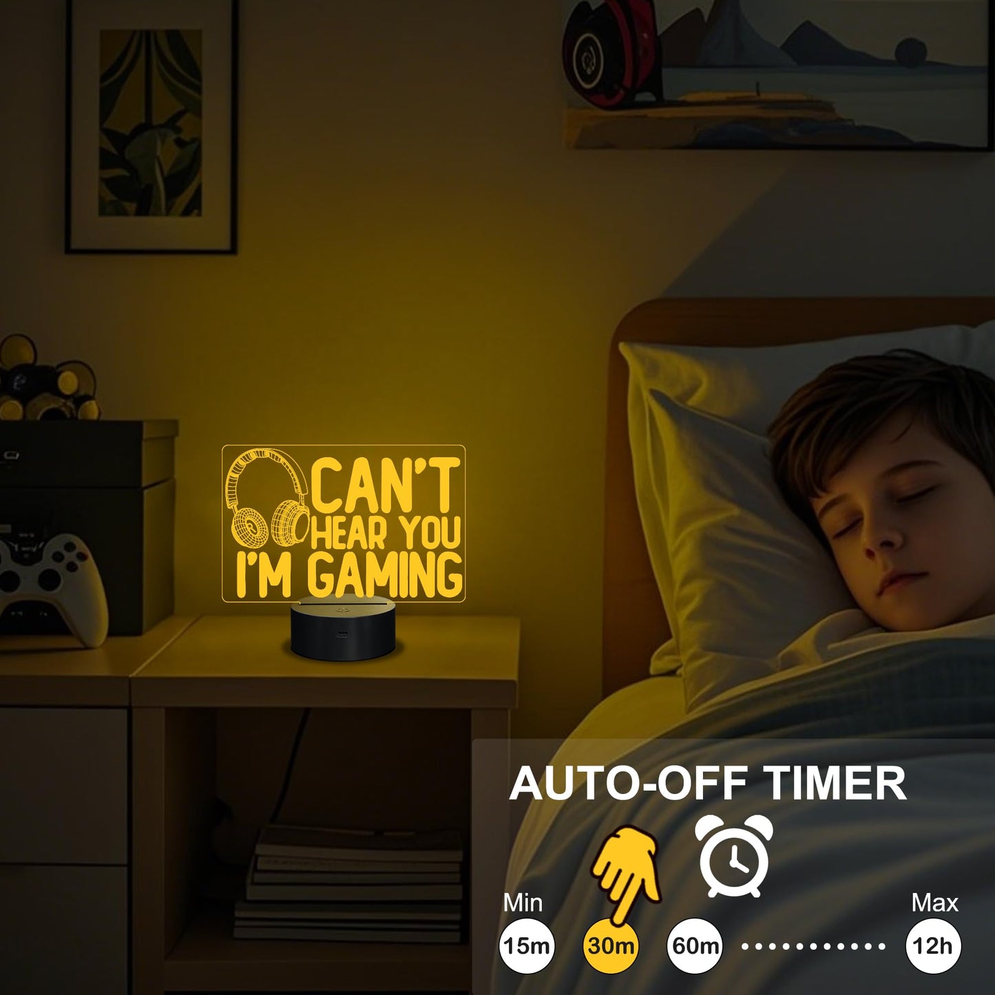 YuanDian “Can’t Hear You I’m Gaming” Night Light, Gamer 3D Illusion Lamp with Headset Design, 16 Color LED, Touch & Remote Control Gift for Men, Teens & Kids
