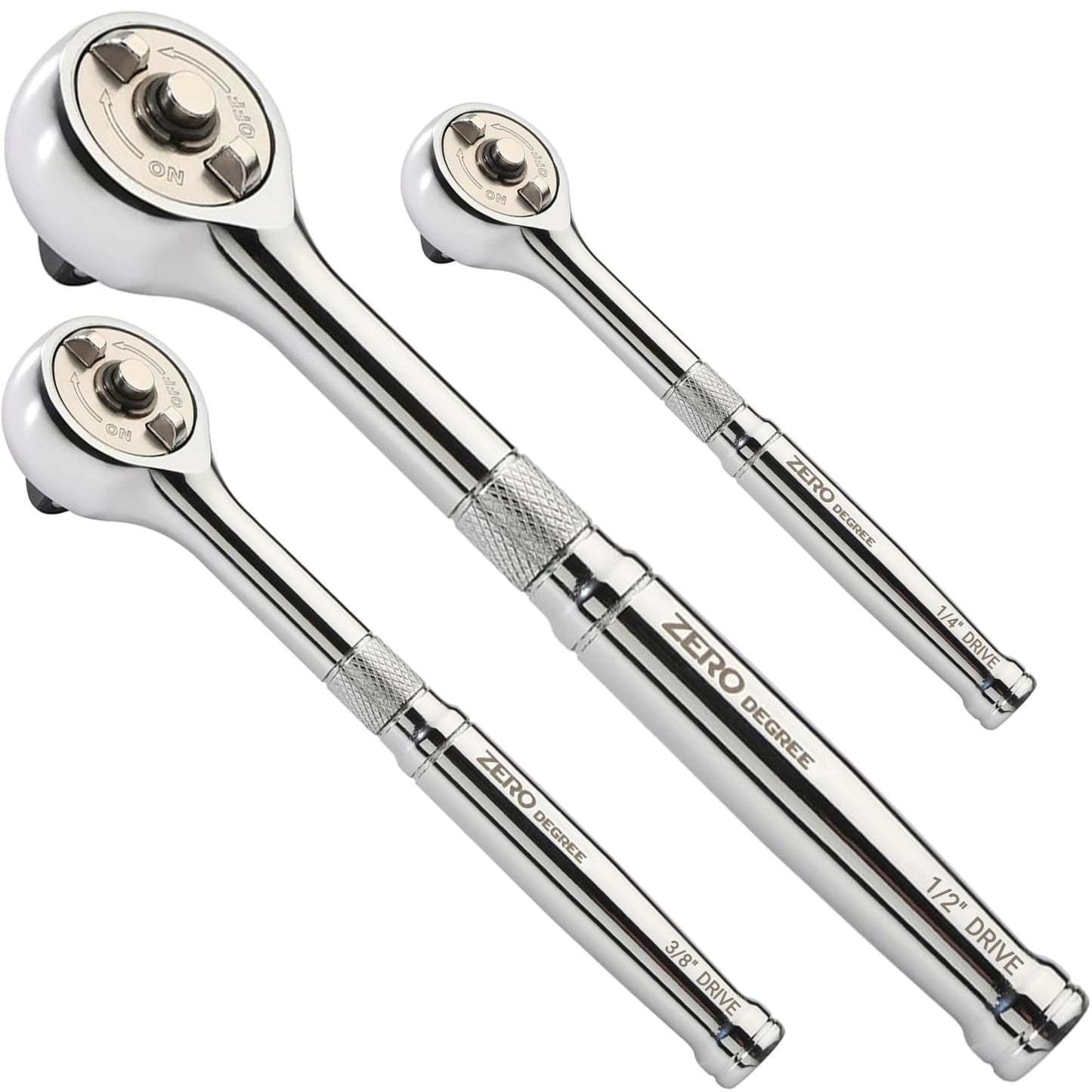 Zero Degree Gearless Ratchet Wrench Set 3 pc - Less than 1 Degree Swing for Tight Spaces, 1/4-Inch-, 3/8-Inch-, and 1/2-Inch Drive Ratchets