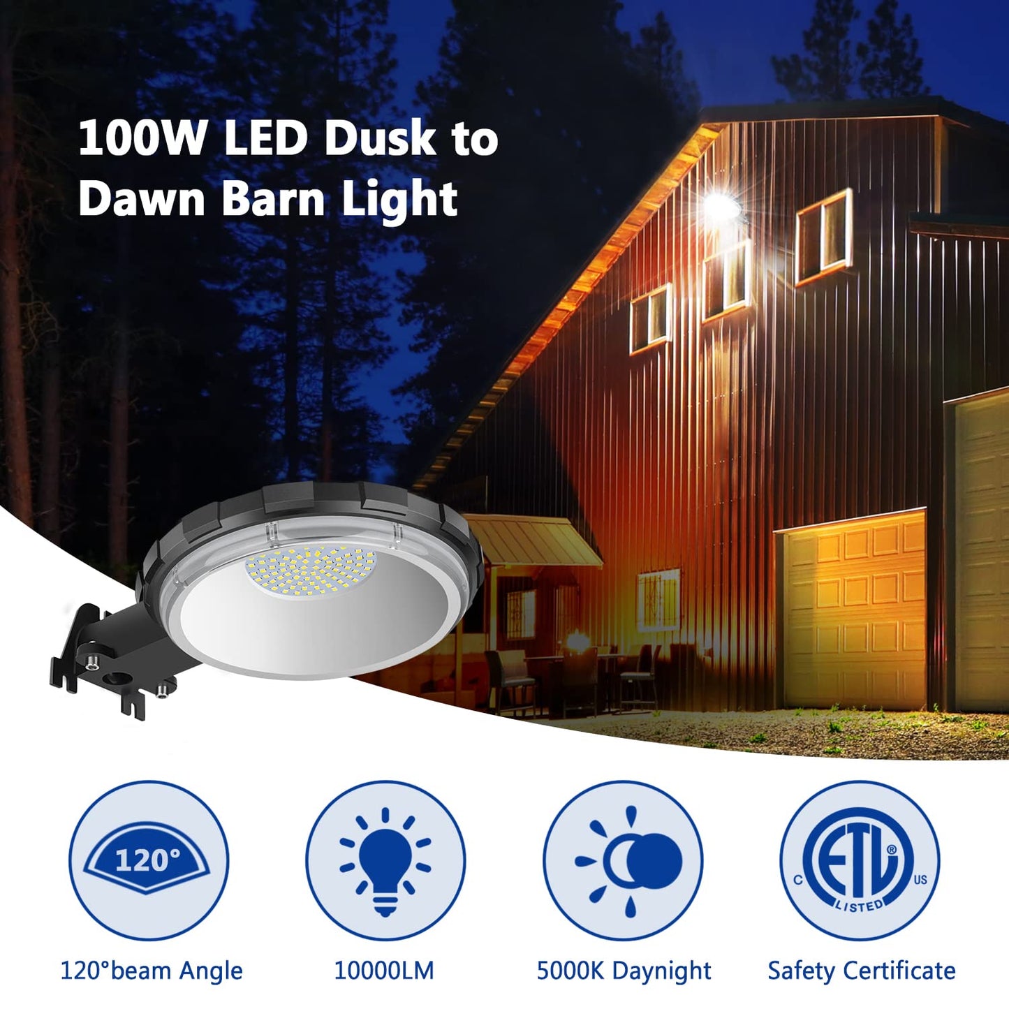 Karjoefar 100W LED Barn Light, 10000LM Daylight 5000K, Dusk-to-Dawn Outdoor Flood Light, IP65 Waterproof for Garage Yard Street