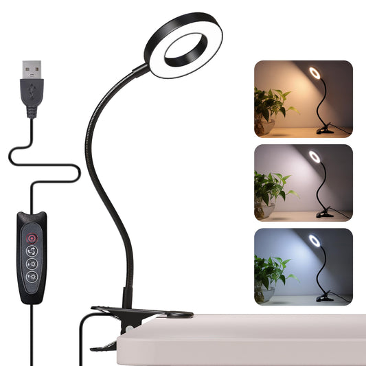 Foneso 48 LED Clip-On Desk Lamp, USB Rechargeable, 3 Colors & 10 Brightness Levels, 360° Flexible, Eye-Care Night Light for Reading & Crafts