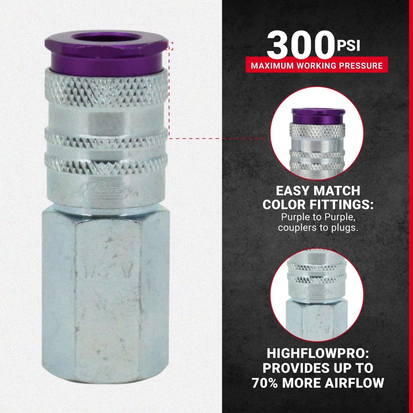 Milton ColorFit HighFlowPRO Couplers, V-Style Purple, 1/4" NPT, Box of 10 (764VC) Pneumatic Air Plugs