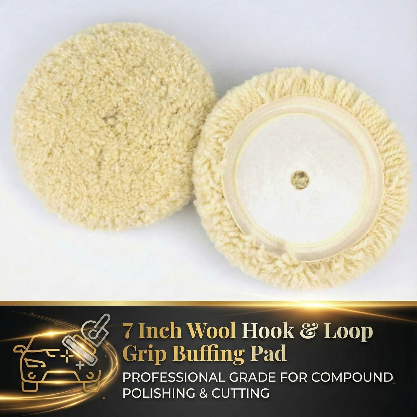 Woolous Wool Buffing Pad, 7 Inch 100% Natural Lambswool Polishing Pad Bonnet Hook and Loop for Car and Boat Polishing, Cutting and Detailing