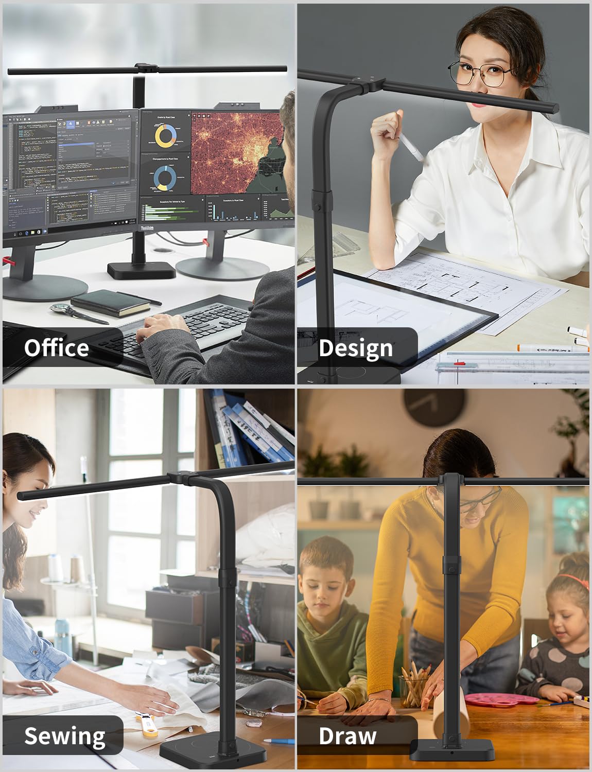 AKRRYR LED Desk Lamp for Home Office, Double Head 24W with Base, Architect Light 5 Lighting Brightness Flexible Gooseneck Table Reading Study, Black