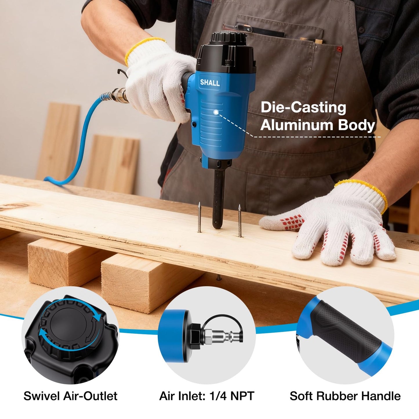 SHALL Pneumatic Nail Remover & 7.5" Pry Bar Set, Heavy-Duty Air Nailer, 9-16 Gauge Nail Puller, 60-100 PSI, 1/4" NPT Air Inlet