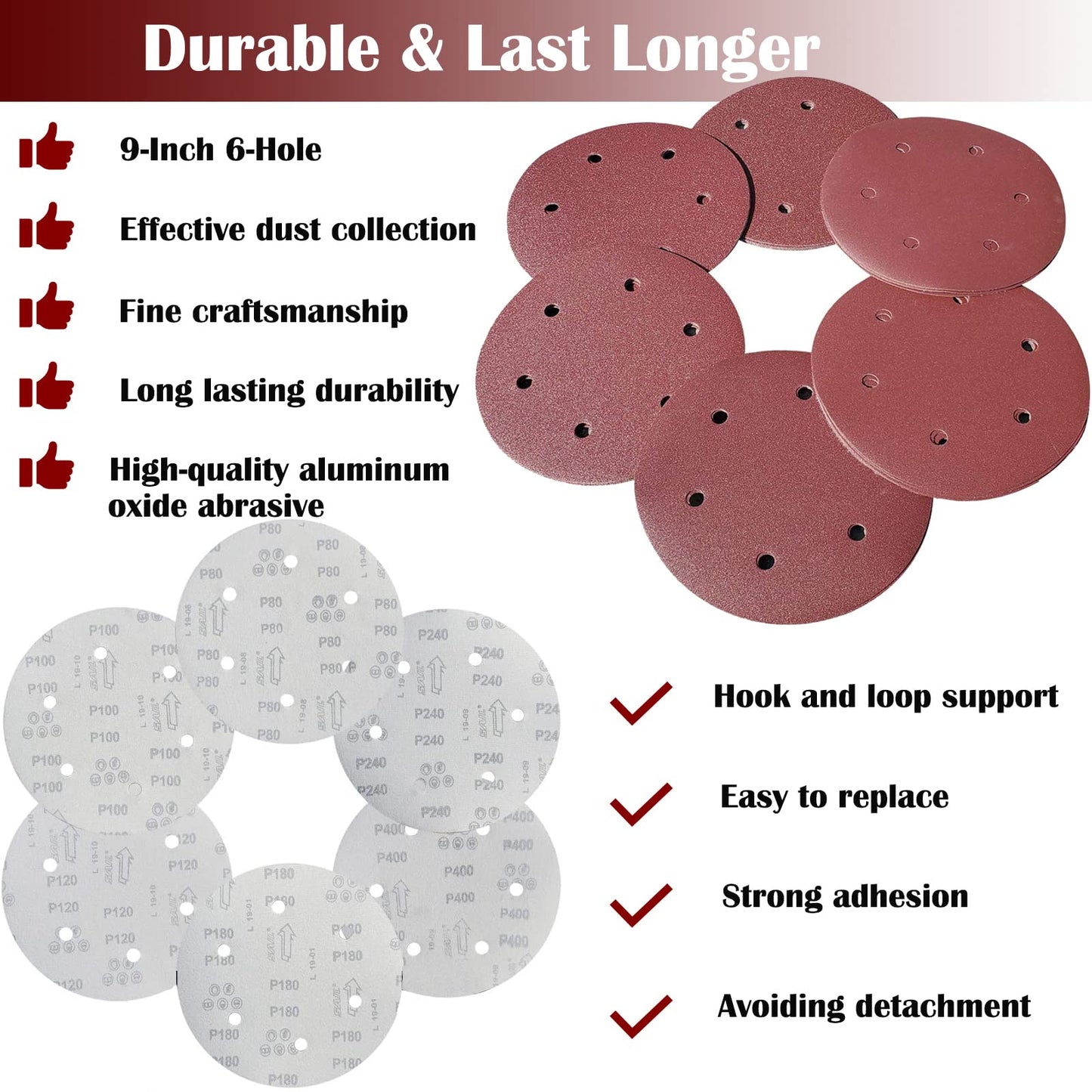 Tonmp 50 PCS 9 Inch 6 Hole Drywall Sanding Discs Set -10 Each of 60 80 120 150 240 Grits, 9" Hook-and-Loop Sandpaper for Electric Drywall Sander