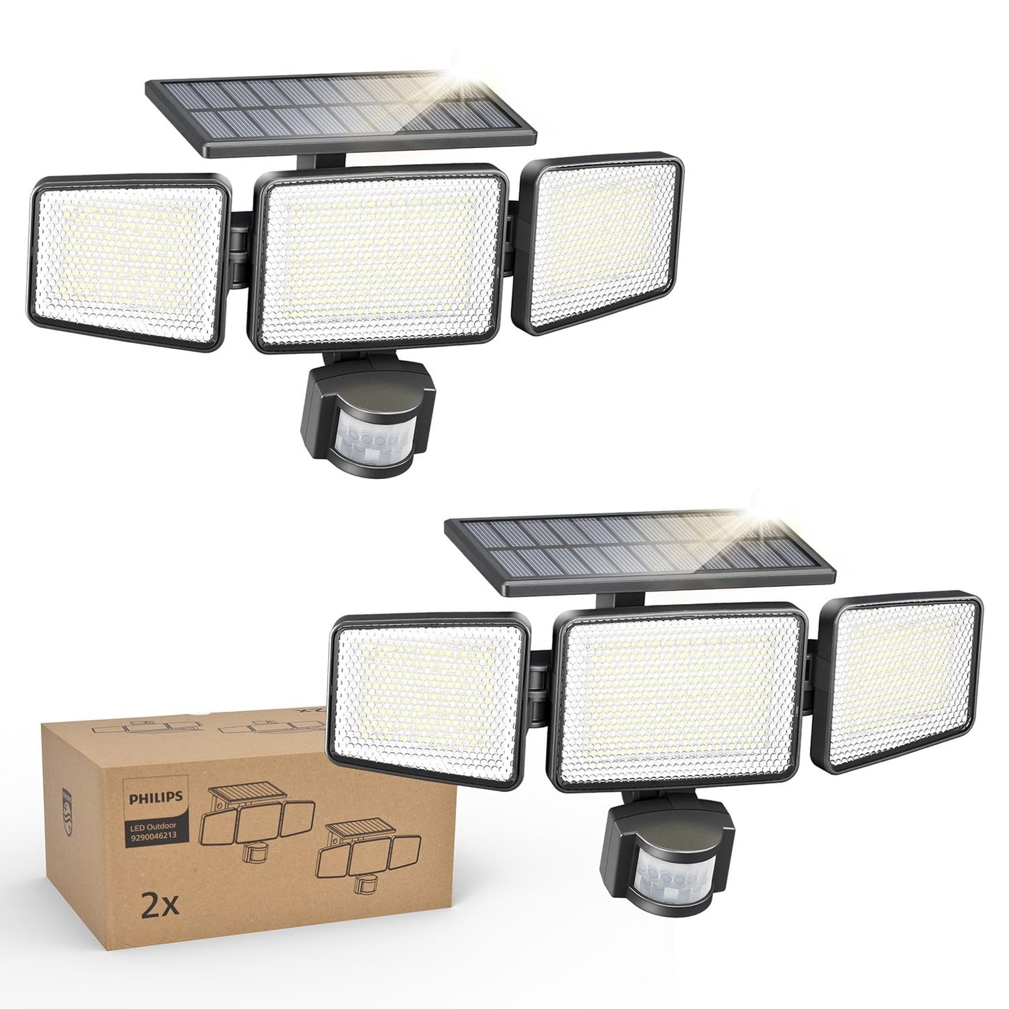 Philips 302 LED Solar Security Light 1200lm, Outdoor Waterproof Floodlight w/ PIR Motion Sensor, 3 Heads, 3 Modes, 2-Pack