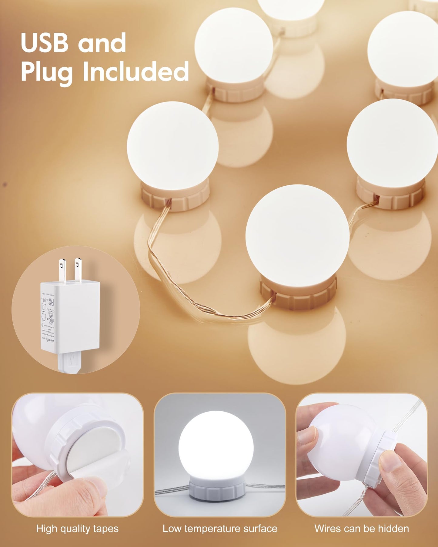 Hollywood Style LED Vanity Light Kit with 10 Dimmable Bulbs for Makeup & Dressing Table – White Strip, Plug-In (No Mirror)