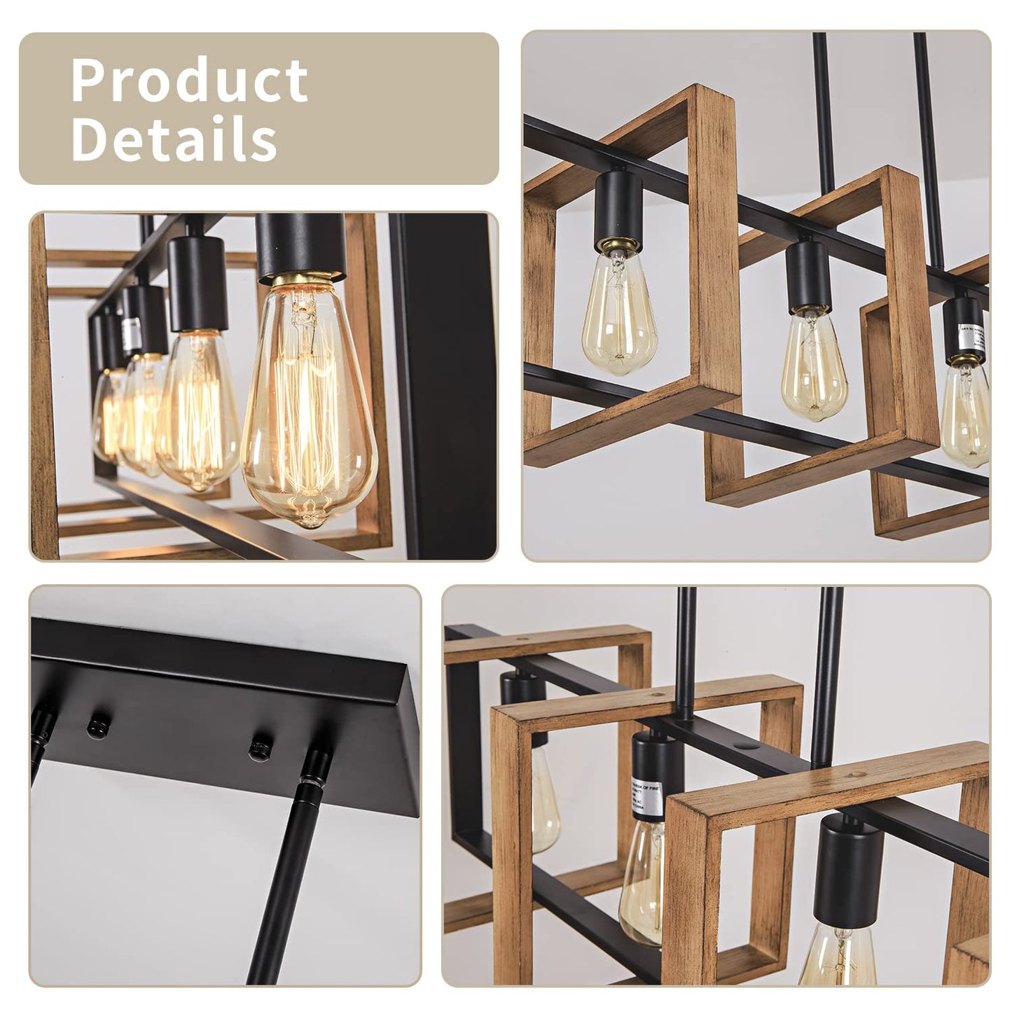 **Farmhouse 4-Light Rectangular Pendant Chandelier, Wood & Black Metal Kitchen Island Dining Room Light, 35.4"**