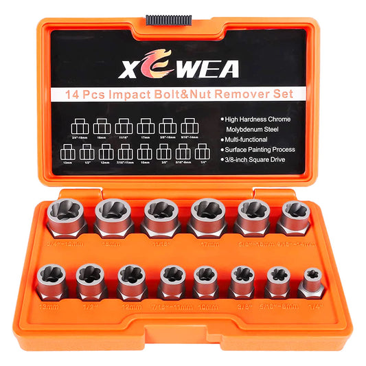 XEWEA 14PCS Bolt Extractor Set, 3/8" Drive Impact Socket Kit for Stripped, Damaged, Broken Bolts & Nuts with Storage Case