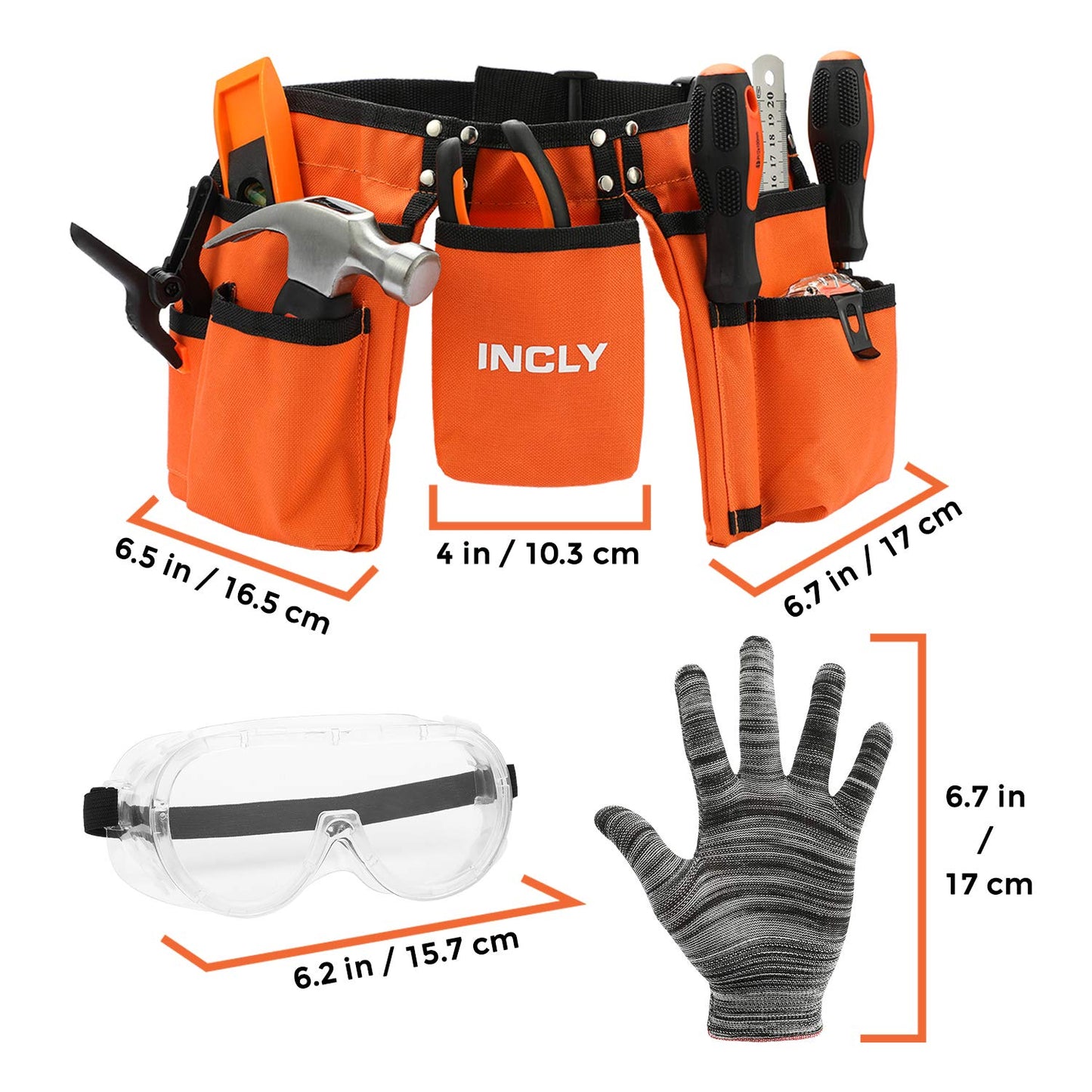 INCLY 18PCS Kids Tool Set with Adjustable Belt 20"-32", Real Hand Tools for Boys, Hammer & Screwdriver DIY Building & Woodworking