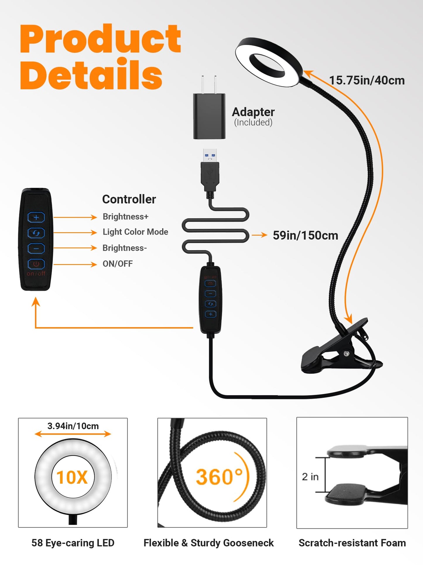 ReinHoo 10X LED Magnifying Glass with 5 Colors & 10 Brightness, 58 LED 750 Lumen Clip-On Lamp for Reading, Desk, Bed, Nail Work