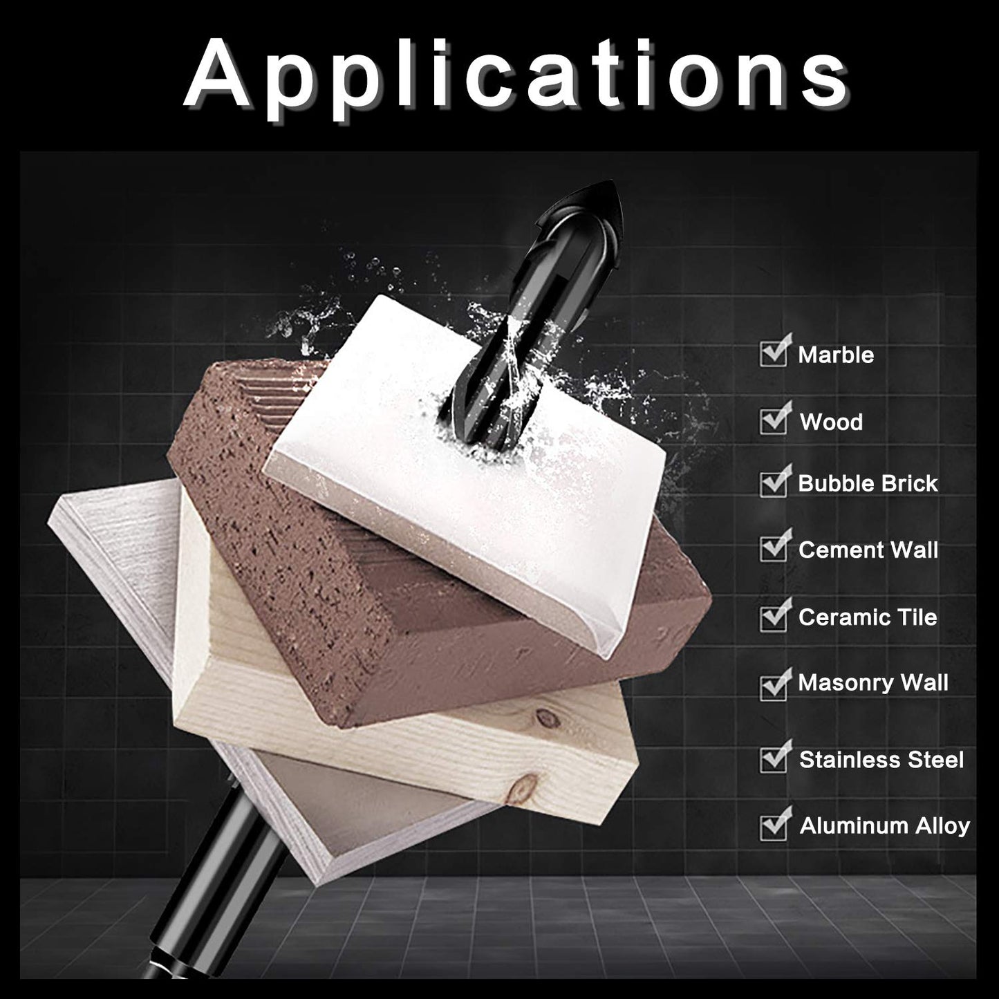 10-Piece Masonry Drill Bit Set for Concrete, Tile, Glass & Brick, 1/8–1/2" with Triangle Handle, Tungsten Steel Tips (Black)