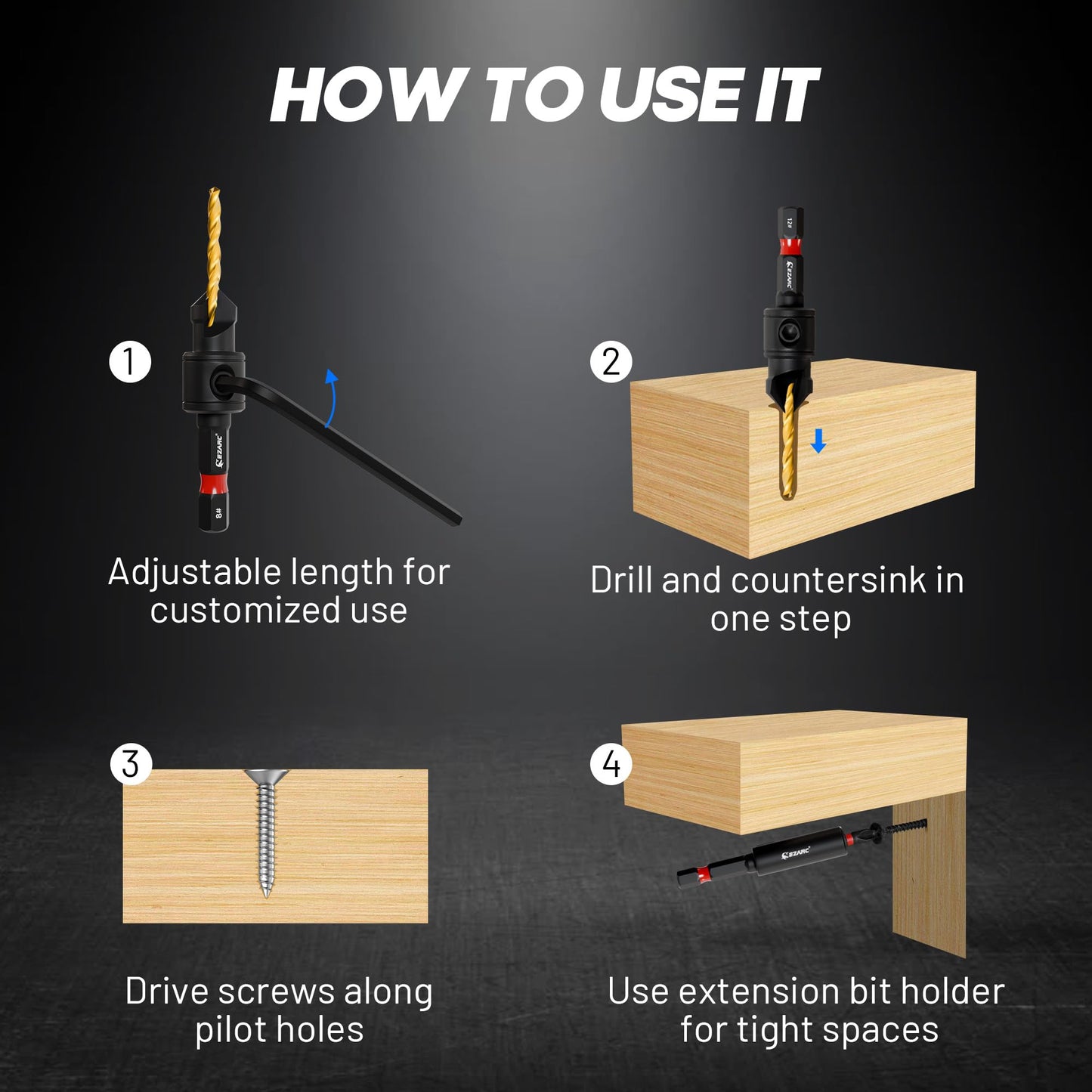 EZARC 12-Piece Adjustable Countersink Drill Bit Set, #4-#12, Magnetic Extension Holder, Woodworking Bits with Storage Box