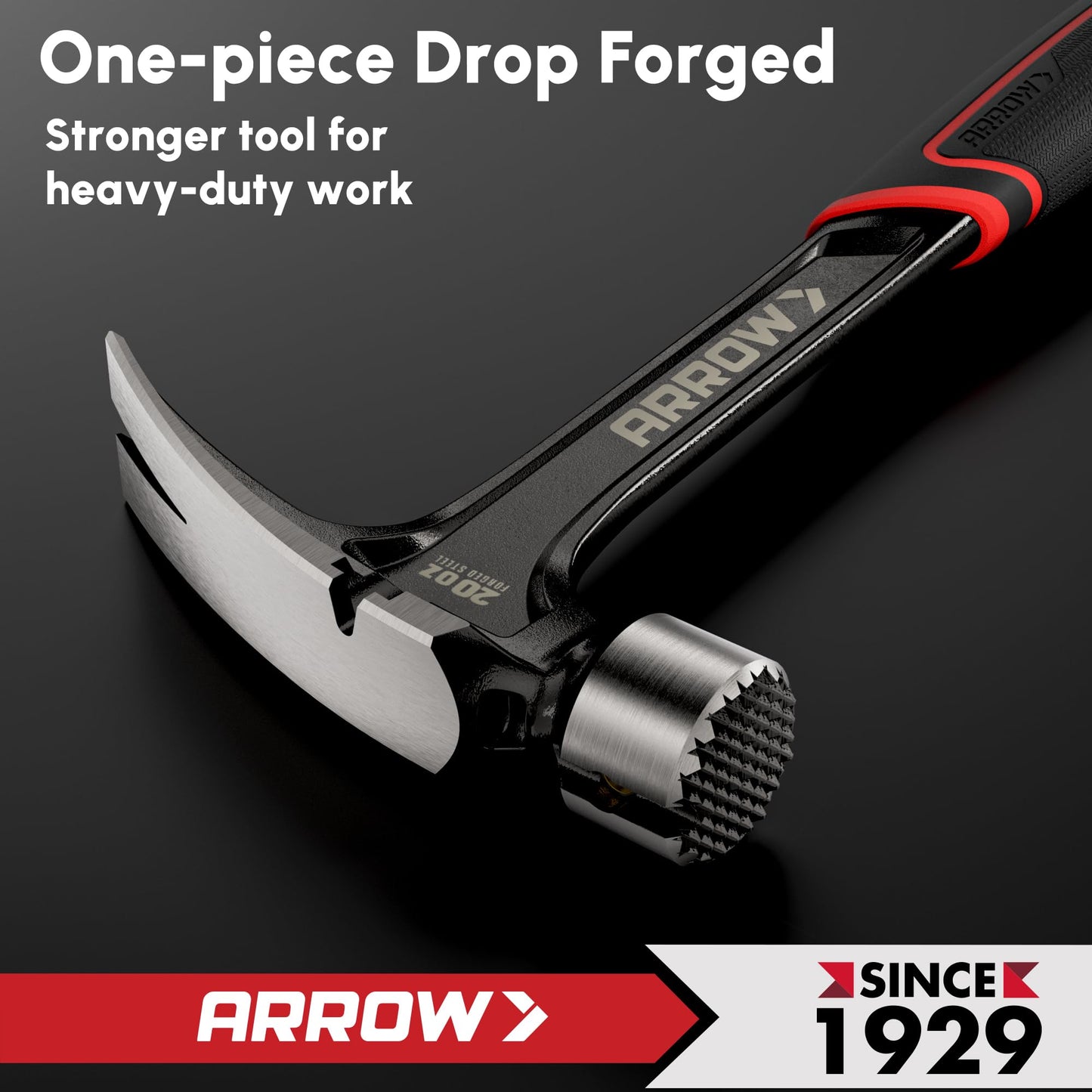 ARROW 20oz Straight Claw Hammer with Magnetic Nail Holder, Side Nail Puller, Milled Face & Shock-Absorbing Grip, Heavy-Duty Forged