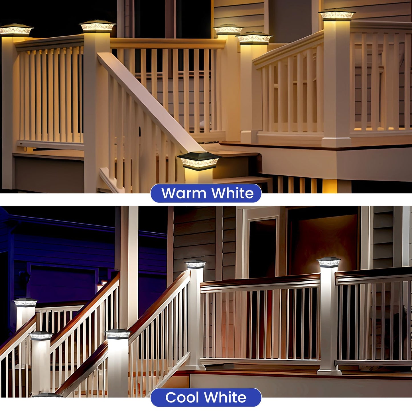 APONUO 6-Pack Solar Post Cap Lights for 4x4-6x6 Wood & Vinyl Fences, IP65 Waterproof, Auto On/Off, Warm & Cool White, Outdoor Black