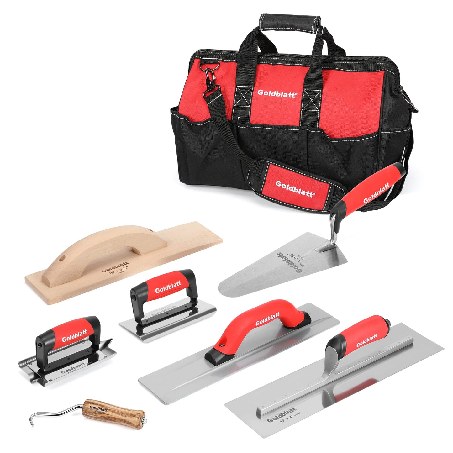 Goldblatt 8-Piece Masonry Hand Tool Set with Trowels, Groover, Edger, Alloy & Wood Floats, Wire Twister, Tool Bag