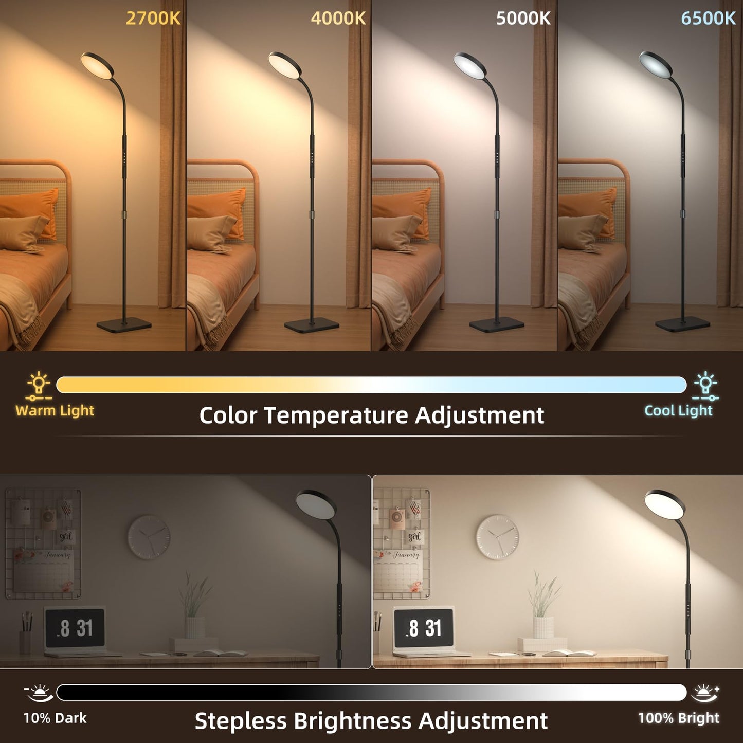 PACOVY Adjustable Floor Lamp with 120 LED, Remote & Touch Dimmable, Gooseneck Reading Lamp for Living Room, Bedroom, Office, Black