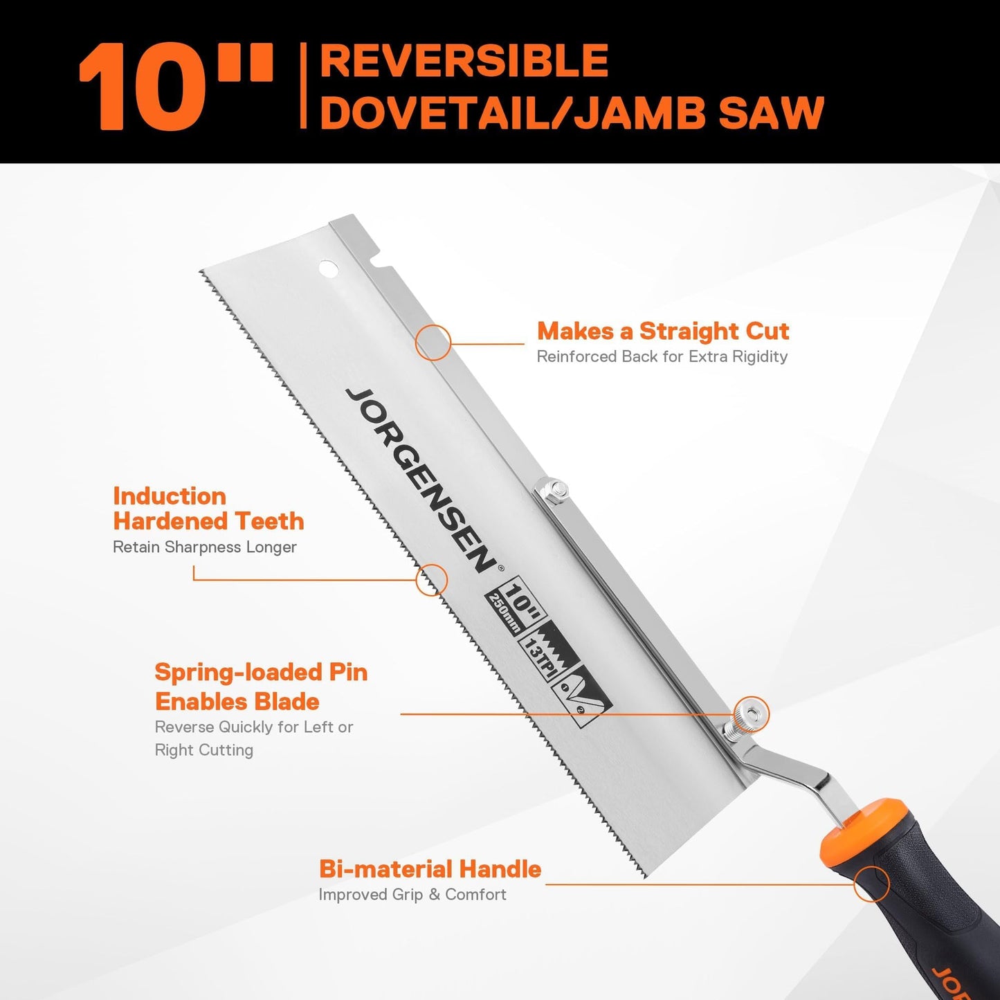 JORGENSEN 10" Dovetail Reversible Jamb Saw, 13TPI Double Ground Teeth, Flush Cut, Spring-Loaded, Cranked Soft Handle for Doors & Tiles
