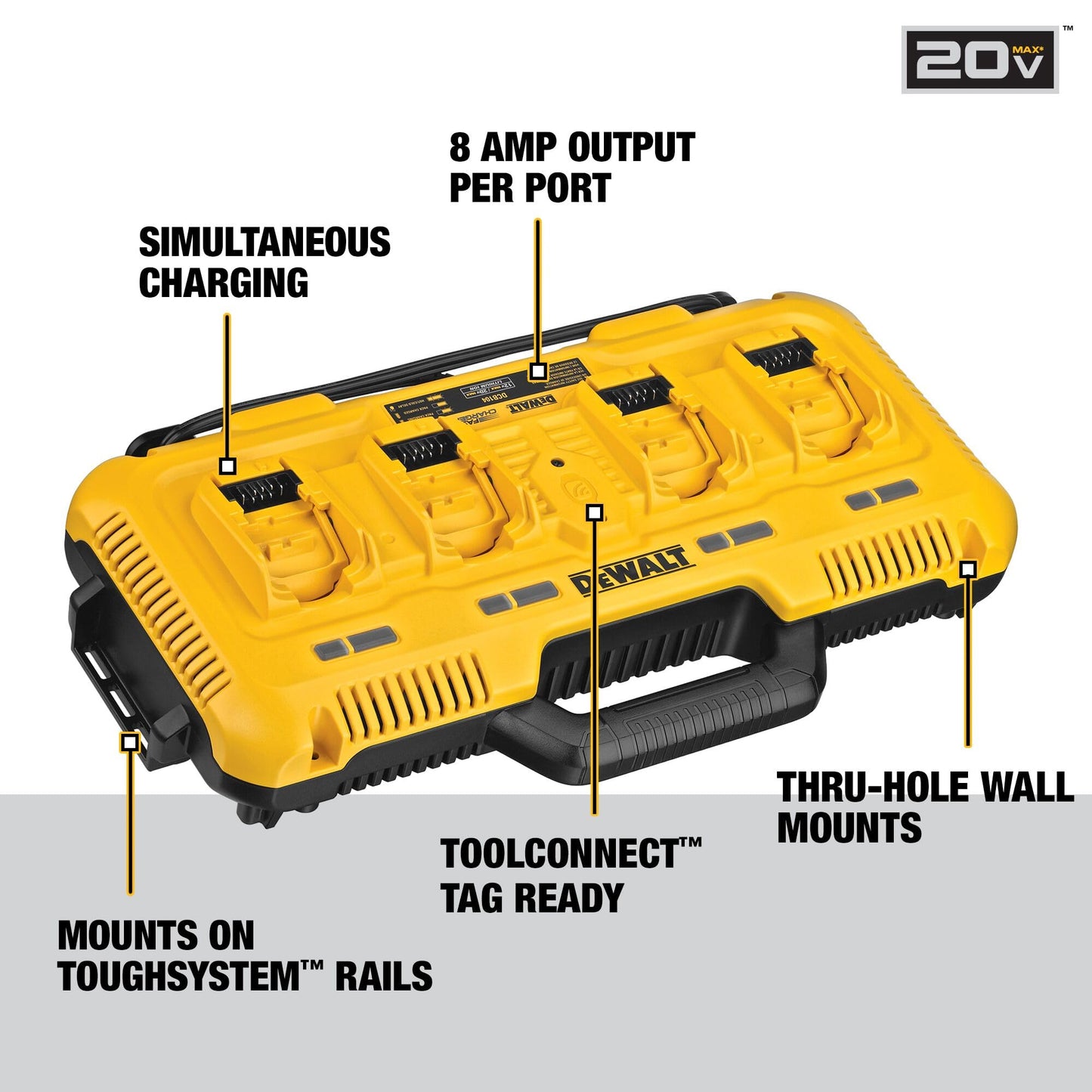 DEWALT Battery Charger for 12V MAX, 20V MAX and FLEXVOLT 20V/60V MAX Batteries, 8 Amp, 4 Port Simultaneous Fast Charging Station (DCB104)