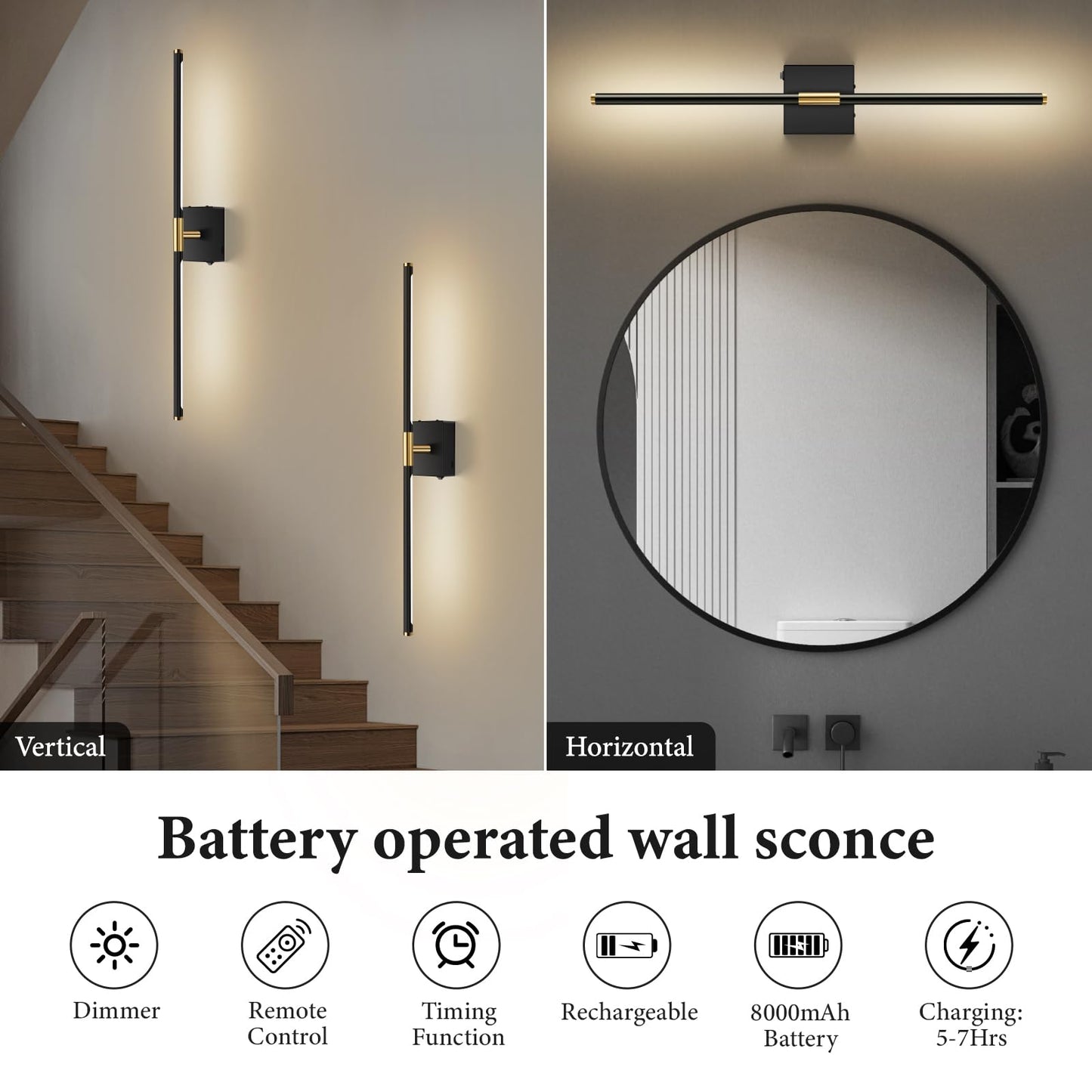 SAIMAND Wall Sconces Set of 2, Battery & USB Rechargeable LED, Dimmable with Remote, 360° Rotatable 30in Black for Living Room/Bedroom