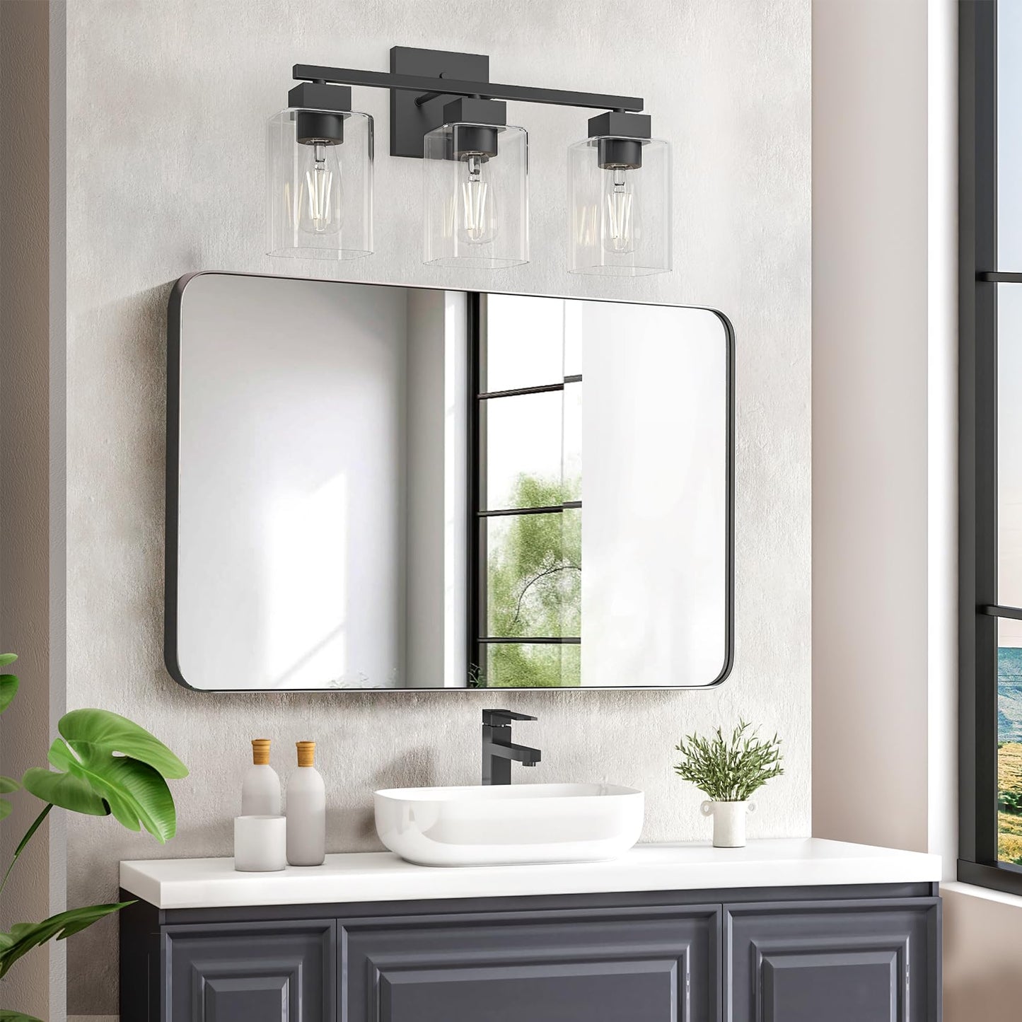 Espird Matte Black 3-Light Bathroom Vanity Light, Square Wall Sconce with Clear Glass Shades, UL Certified, E26 Socket (Bulbs Not Included)
