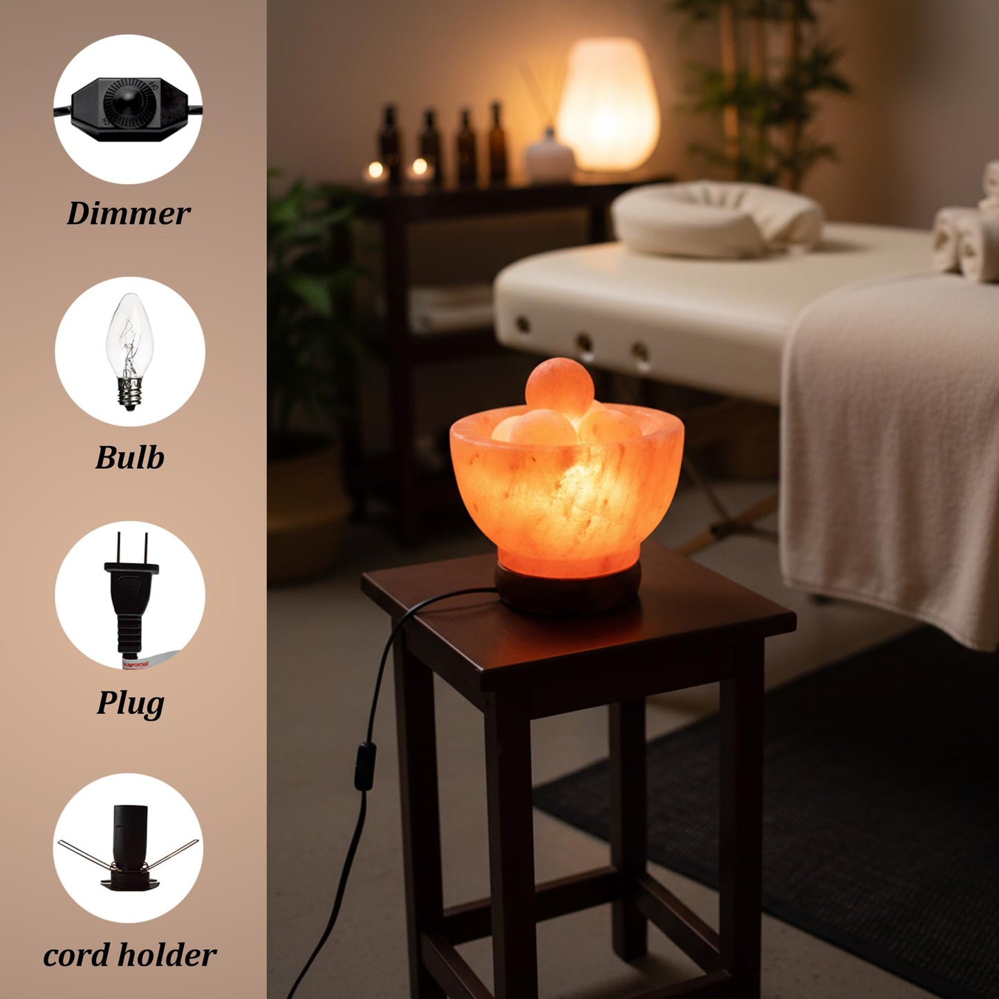 POHS Himalayan Pink Salt Fire Bowl Lamp with 5 Massage Balls, dimmable Switch Electrical Cord, with Replaceable Bulbs, Premium Wood Base.