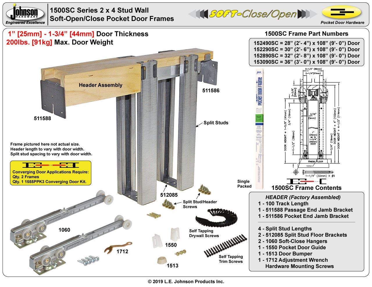 Johnson Hardware 1500 Soft Close Series Commercial Grade Pocket Door Frame for 2x4 Stud Wall (32 inch x 80 inch)