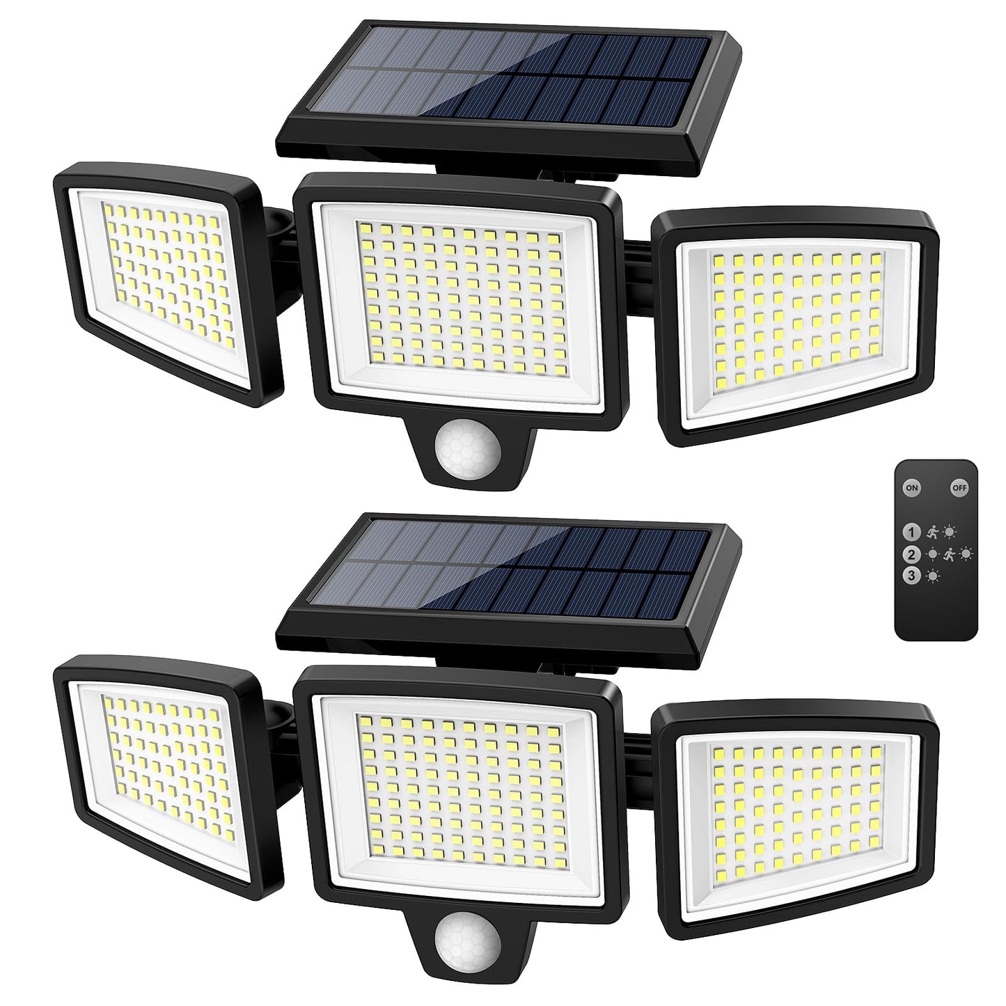Tuffenough 2500LM Solar Security Lights, 3-Head Motion Sensor Floodlight, Remote Control, IP65 Waterproof, 3 Modes, 2-Pack