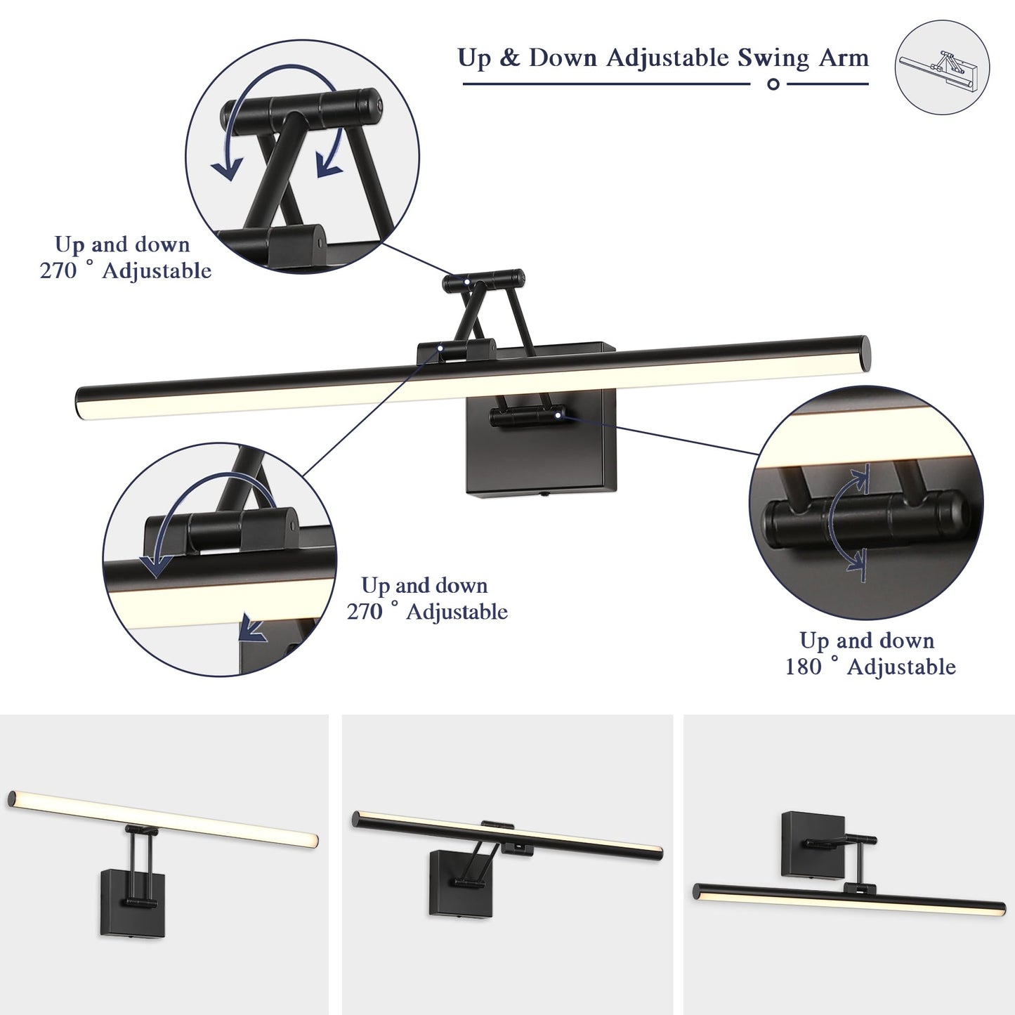 Joossnwell 23.6" Dimmable Black Picture Light for Paintings, Hard-Wired with Adjustable Swing Arm, Warm White Gallery & Museum Lamp