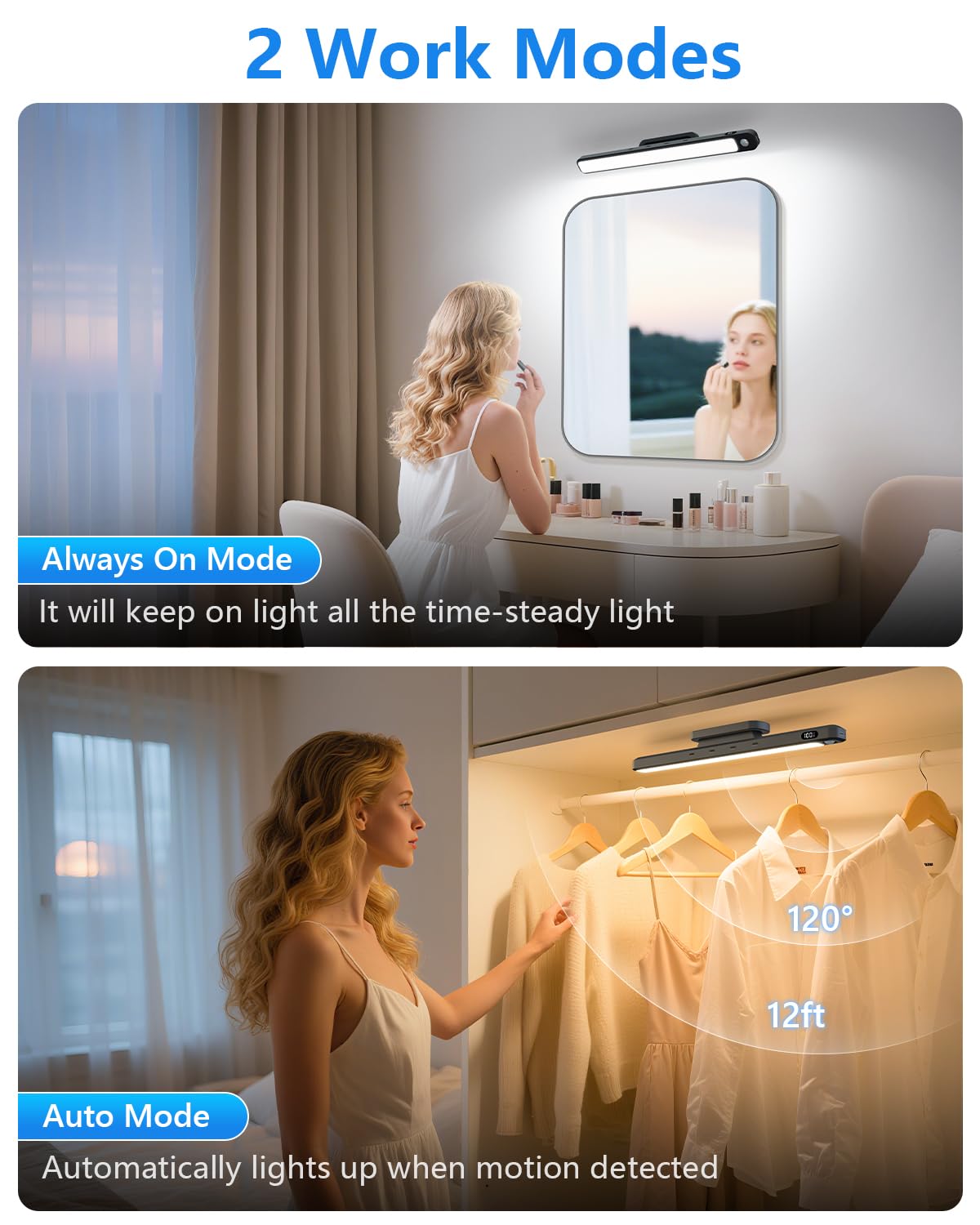 Ferswe 5W Motion Sensor LED Light Bar, 2500mAh Rechargeable, Eye-Friendly Cabinet, Closet, Bathroom & Desk Lighting with Battery Display