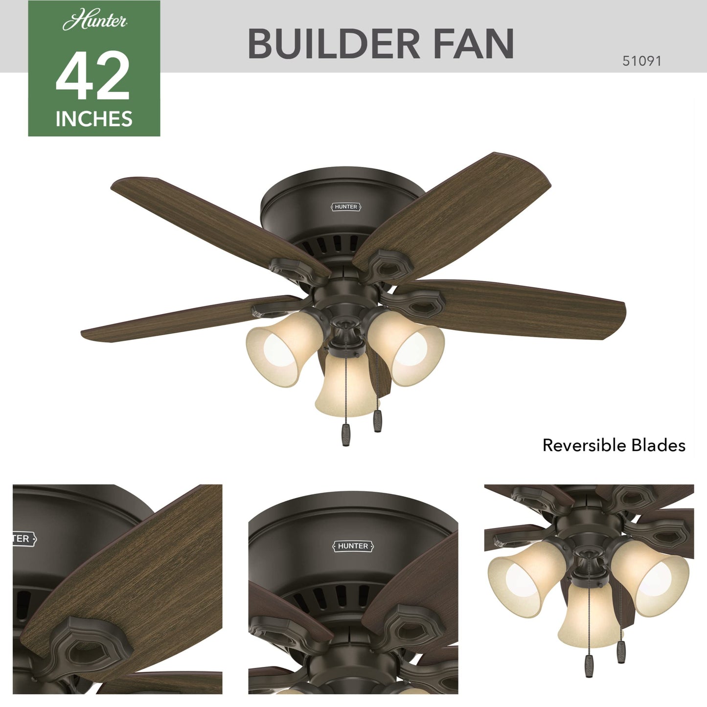 Hunter 42" Indoor Ceiling Fan with LED Light, 5-Blade Bronze, Pull Chain, Low Profile, Bedroom/Living/Kitchen, No Remote