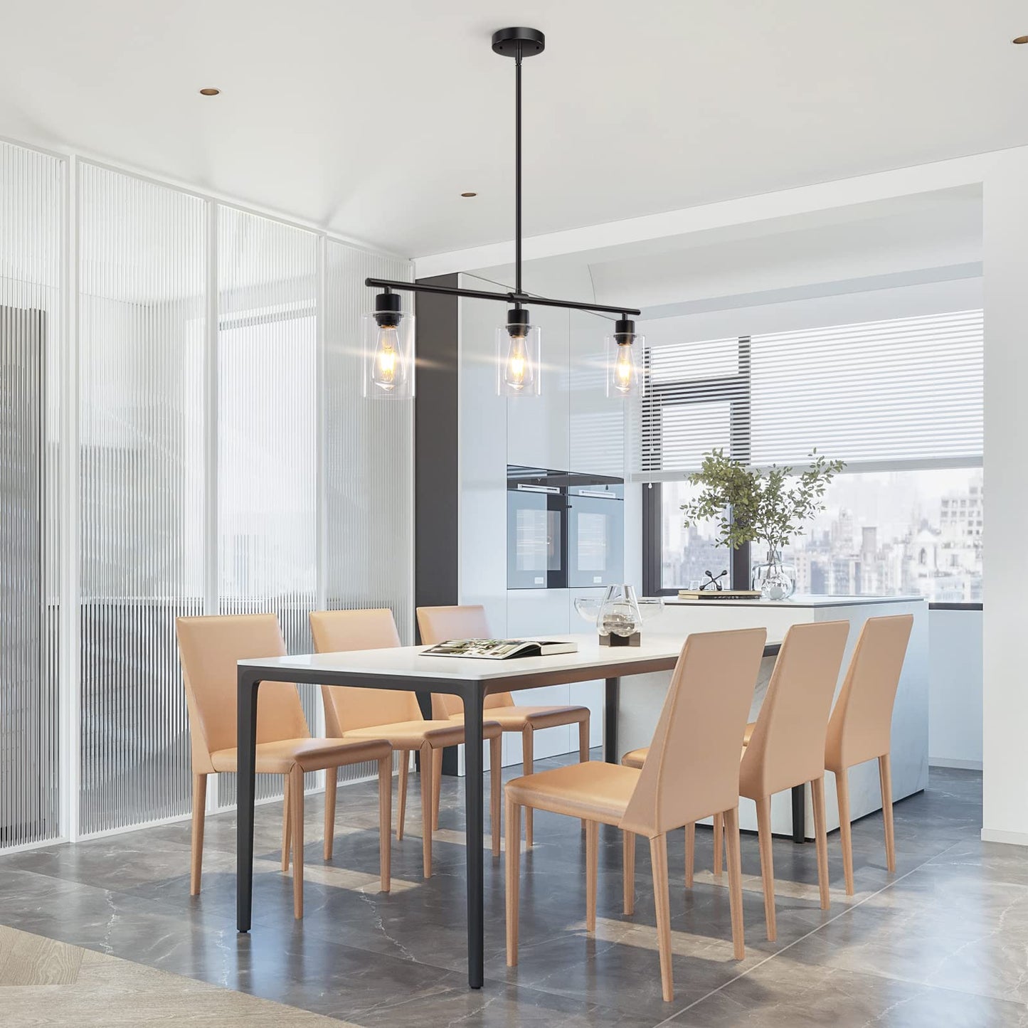 **Yarlkav Kitchen Island Lighting, 3-Light Linear Rectangle Chandelier Pendant, Farmhouse Dining Room Hanging Light with Glass Shades, Black**