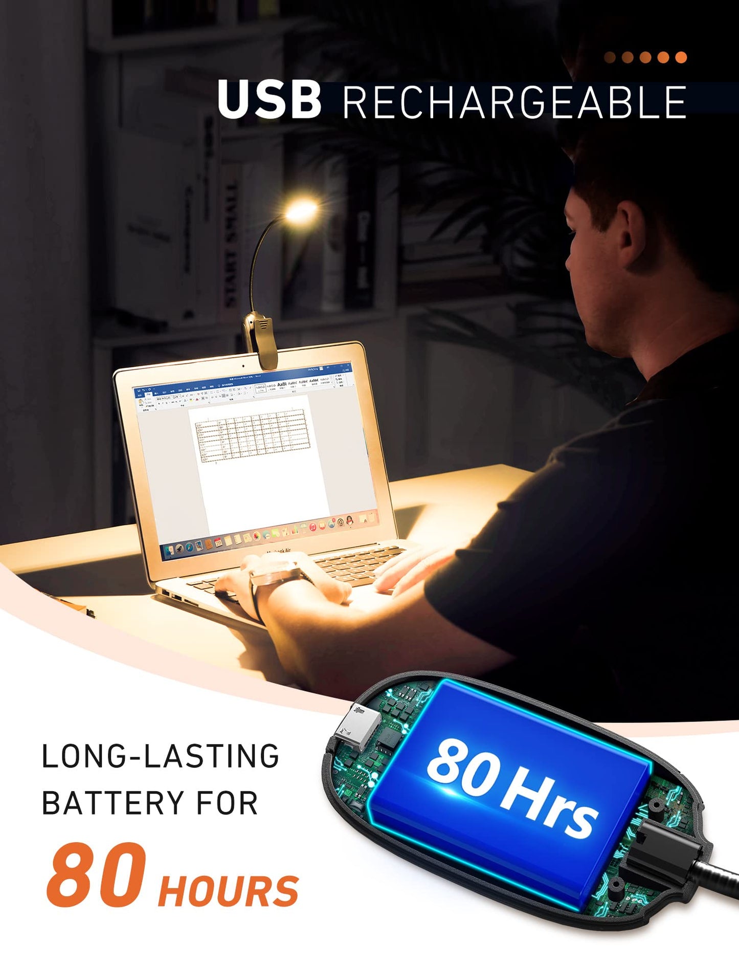 Monotremp Rechargeable Book Light for Night Reading, 80H Runtime, 3 Brightness × 3 Color Temps, Ultra-Light 1.3oz for Bed Use
