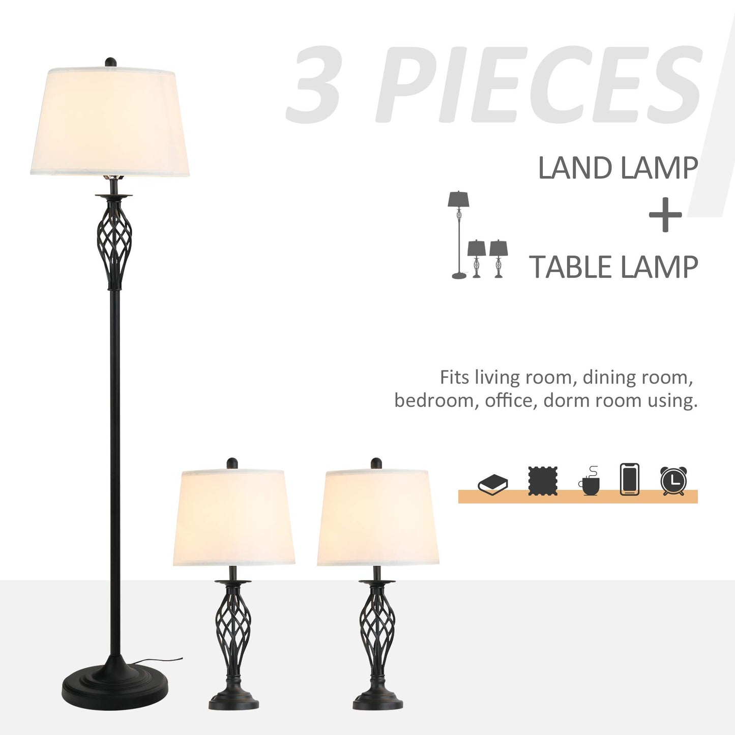 HOMCOM 3 Piece Table Floor Lamp Set with Metal Pole, Round Base, and Fabric Lampshade, for Living Room, Black/White
