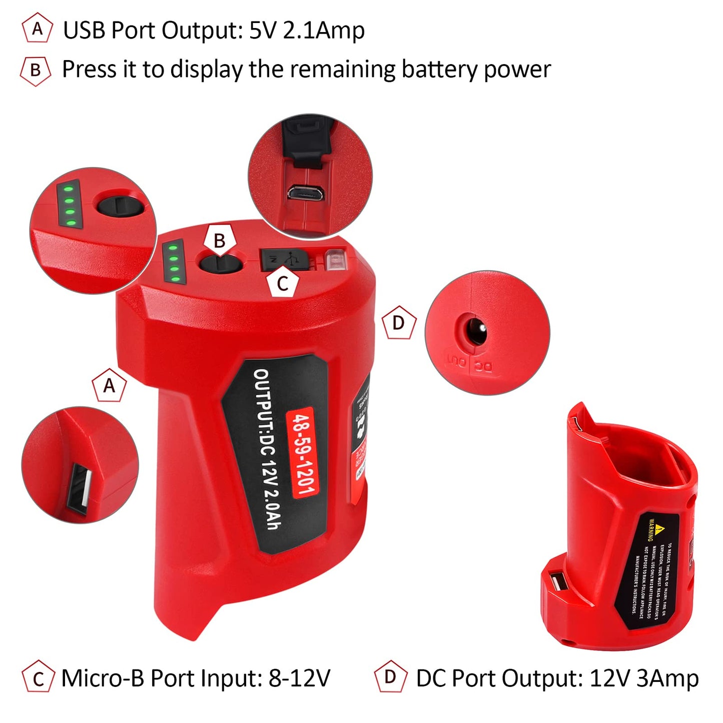 Multifunction 12V USB Power Adapter for M12 Milwaukee Battery Charger, Compatible with Heated Jacket 45-59-1201