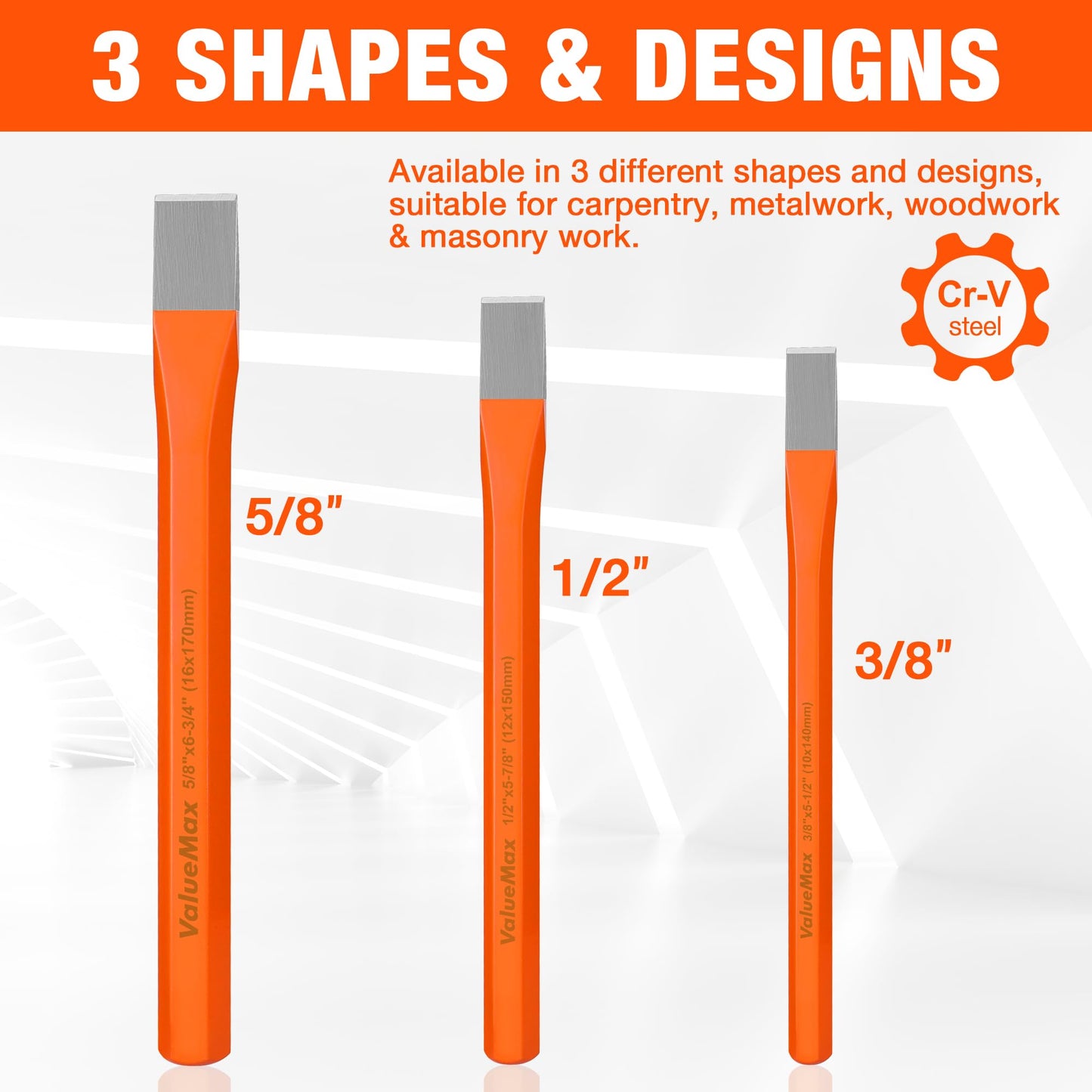 ValueMax 3-Piece Heavy Duty Cold Chisel Set, 3/8", 1/2" & 5/8", Cr-V Steel for Carpentry, Metalwork, Woodwork & Masonry