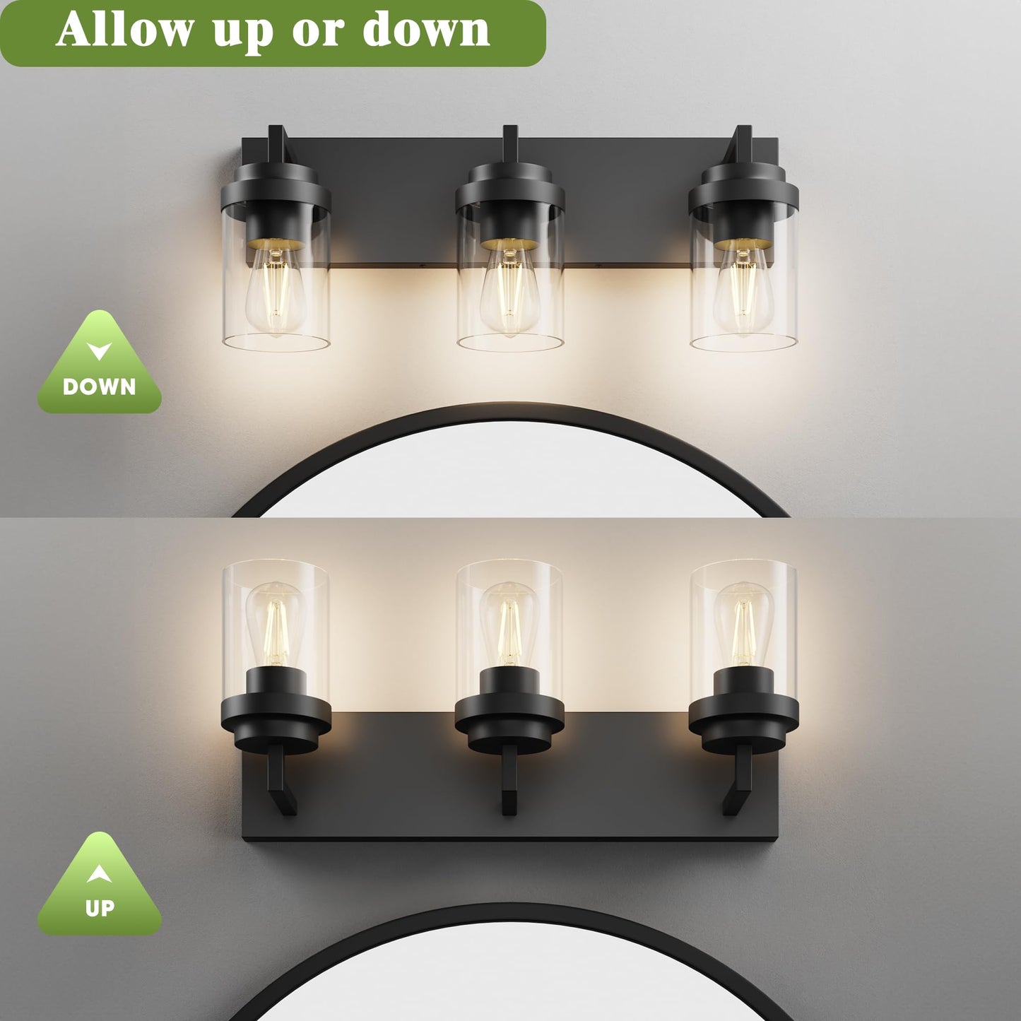 Espird 3-Light Bathroom Vanity Light, 22" Matte Black Wall Sconce with Clear Glass Shade, Modern Lighting for Mirror & Living Room