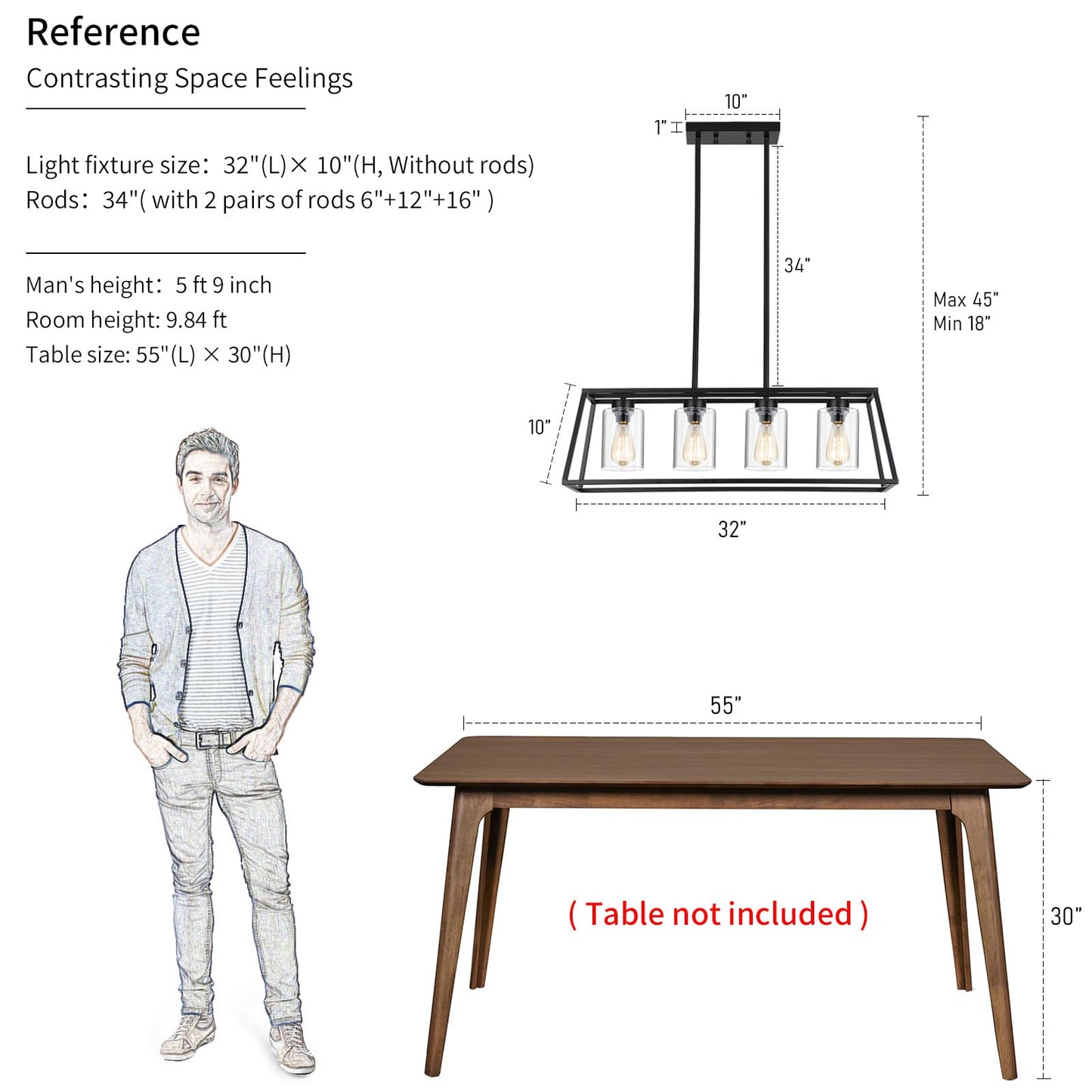 Black Farmhouse Linear Chandelier for Dining Room, Rustic Kitchen Island Pendant Light, 4-Light Fixture with Glass Shades Over Table