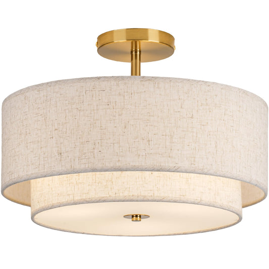 CALOKES 16" Double Drum Gold 3-Light Semi-Flush Ceiling Light with Fabric Linen Shade for Living Room, Bedroom, Kitchen & Hallway