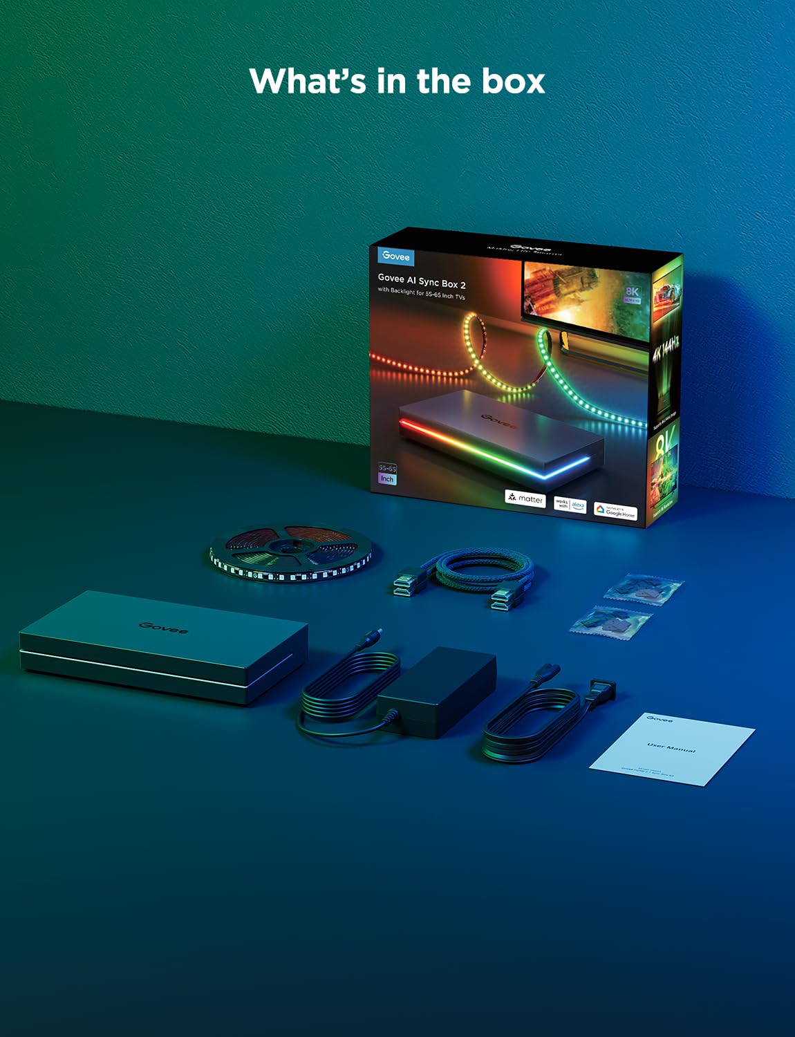 Govee HDMI 2.1 Sync Box 2 with TV Backlight, AI RGBIC, 8K@60Hz, 4K@144Hz, VRR/ALLM, Matter & Alexa, 55–65" TVs